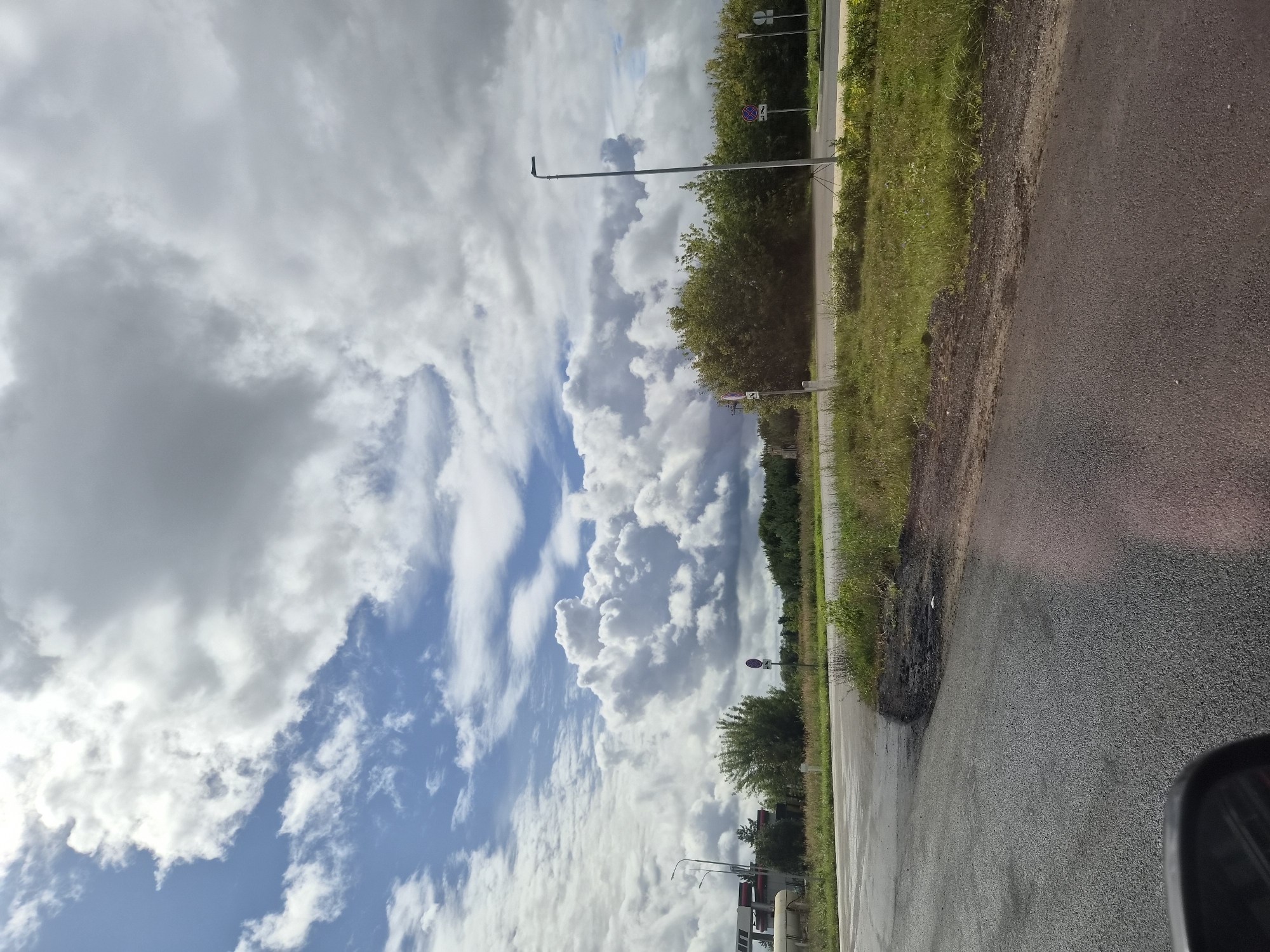 This image depicts a rural roadside scene under a dramatic sky filled with cumulus clouds. The foreground shows a wet asphalt road, suggesting recent rain or damp conditions. To the left of the road, there is a patch of dark, rough material, possibly asphalt debris, and some scattered white paper. Beyond the road, a grassy area is visible, dotted with weeds and small plants. In the middle ground, a line of trees forms a dense background, with some of the trees appearing lush and green.

Several road signs are present: on the left, a circular sign with a red border and a blue center with a white horizontal bar indicates a prohibition. Another similar sign is visible further left. To the right, a taller sign with a red border and a white center, featuring a symbol of a vehicle and a horizontal bar, also suggests a traffic restriction. A tall, slender lamppost stands prominently on the right side of the image.

In the far left background, part of a building with a striped facade and a large white cylindrical tank is visible, possibly a gas station or industrial facility. The overall environment appears to be a junction or intersection in a semi-rural area, with signs of both natural landscape and man-made infrastructure. The sky is a significant feature, with bright white clouds contrasting with areas of darker grey, hinting at a dynamic weather system. The specific location is described as a city in Pestretsy, Russia.