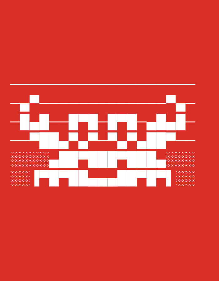 The image is a digital artwork, likely a graphic design or illustration, featuring a pixelated depiction of a creature or character against a solid red background. The design is abstract and uses a limited color palette of white and red.
The main subject is an arrangement of white pixels that form a symmetrical shape resembling a stylized alien or monster. This shape has a central body with appendages extending upwards and outwards. There are three horizontal white lines above the pixelated figure, suggesting a form of visual barrier or background element. Below the main figure, there are two rows of white pixels that are more irregularly shaped, with some sections filled with small white dots, adding a textured effect. The overall composition is geometric and reminiscent of early video game graphics or retro digital art.
There is no discernible activity or event taking place, as the image is static. The setting is abstract, with the red background providing no specific location cues, and the pixelated elements are not realistic enough to suggest a particular time of day or weather conditions. Similarly, no emotions are conveyed. There is no visible text in the image. The reference to "Balakovo, Russia" seems to be metadata associated with the image file, but it does not inform the visual content of the artwork itself.