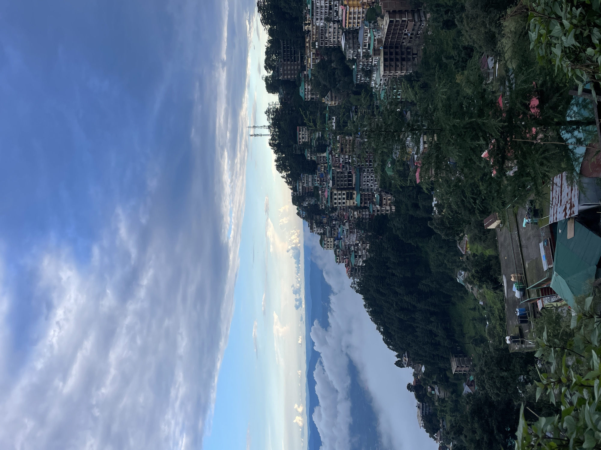 This is an outdoor, high-angle, vertical shot of the hillside city of Bhagsu, India, under a partly cloudy sky. The city is built on a steep incline, with buildings of various sizes and colors clustered together, some with green roofs. Dense green trees cover the lower parts of the hillside, interspersed with the urban development. In the distance, a layer of white clouds partially obscures the valley below, with layers of blue mountains visible beyond the clouds. Two cell towers are visible on the crest of the hill. The foreground shows the tops of leafy green plants and some structures, including a green-roofed building. The lighting suggests it is either early morning or late afternoon.
