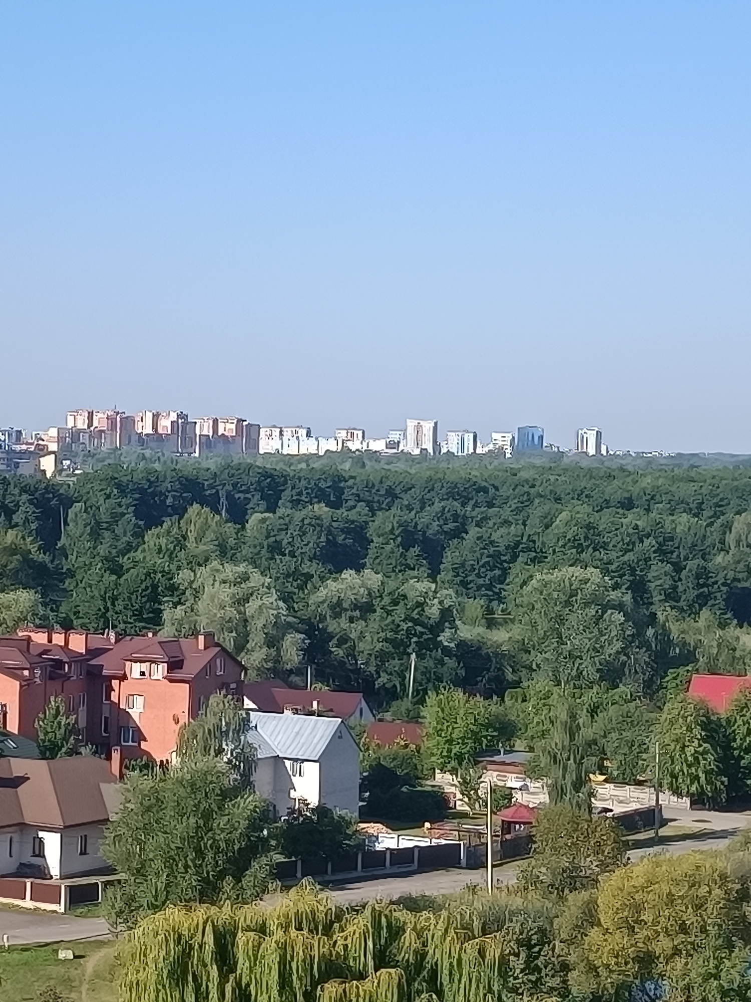 The image depicts a panoramic view of a city skyline, partially obscured by a dense forest. In the foreground, a cluster of residential buildings, likely houses, with red and brown tiled roofs are visible. A large weeping willow tree dominates the lower part of the frame, its branches cascading downwards. Beyond the houses, a thick, verdant forest stretches across the landscape, providing a natural buffer. In the distance, a cityscape emerges, characterized by several high-rise apartment buildings and office towers, some with distinct architectural styles. The sky is a clear, pale blue, suggesting a sunny day. The scene captures a blend of suburban residential areas, natural greenery, and urban development, hinting at the juxtaposition of nature and city life. The image appears to be taken from an elevated position, offering a wide vista of the surroundings. It's plausible this is a view from a higher floor of a building, looking out over the city. The specific location of Brest, Belarus, can be inferred if there are known landmarks or architectural styles that are characteristic of that city. However, without additional context or specific identifying features, pinpointing the exact location within Brest is challenging solely based on the visual information provided.