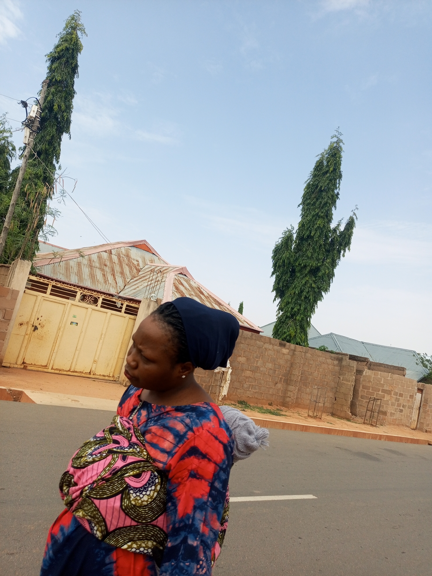 A woman wearing a blue head covering and a blue and red tie-dye patterned top with a pink patterned bundle wrapped in front of her walks along an asphalt road. Behind her, a yellow gate guards a building with a rusty metal roof. To the right of the woman is a tan brick wall. Two tall, slender green trees stand on either side of the scene, with one partially obscuring power lines. The sky is blue with light clouds. The setting is likely a residential area within the city of Tempure, Nigeria.
