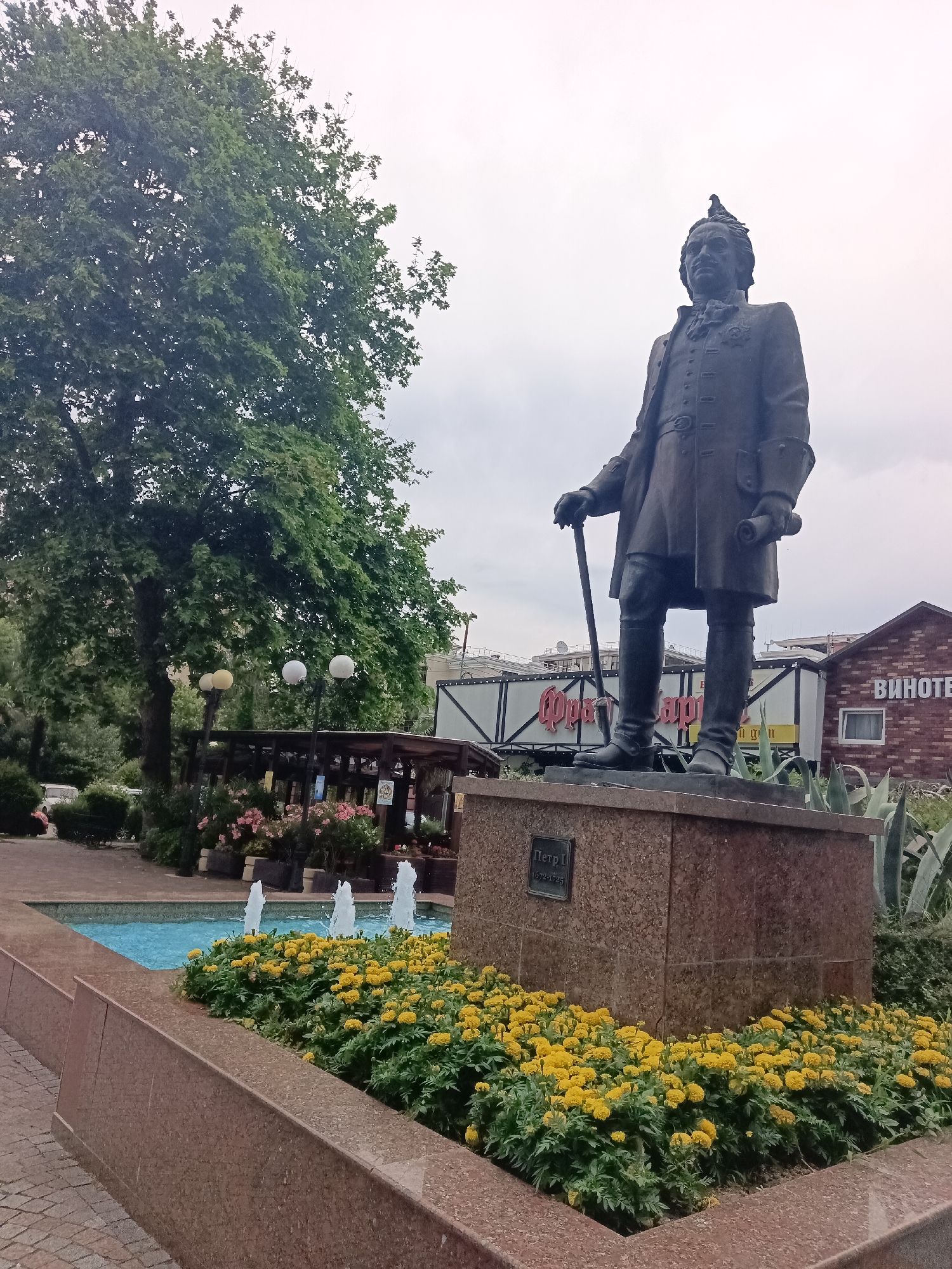 A full shot shows a bronze statue of Peter I, a Russian ruler, standing tall in a city park in Sochi, Russia. The statue depicts Peter I in a formal coat, holding a cane in his left hand and a scroll in his right. A bird perches on his head. The statue is set on a granite pedestal, adorned with a plaque that reads "Peter I 1672-1725." In front of the pedestal, a vibrant flower bed is filled with blooming yellow marigolds, adding a splash of color to the scene. Behind the flowers, a small fountain with three spouts gently sprays water into a turquoise pool. In the background, a large green tree provides shade, while a covered seating area with decorative lamps suggests a recreational space. Buildings are visible further in the background, one of which has "ВИНОТЕКА" (Vinoteka - Wine shop) written on it, indicating commercial establishments in the vicinity. The sky above is overcast, hinting at a cloudy day. The overall scene captures a serene and picturesque corner of Sochi, blending historical commemoration with natural beauty.
