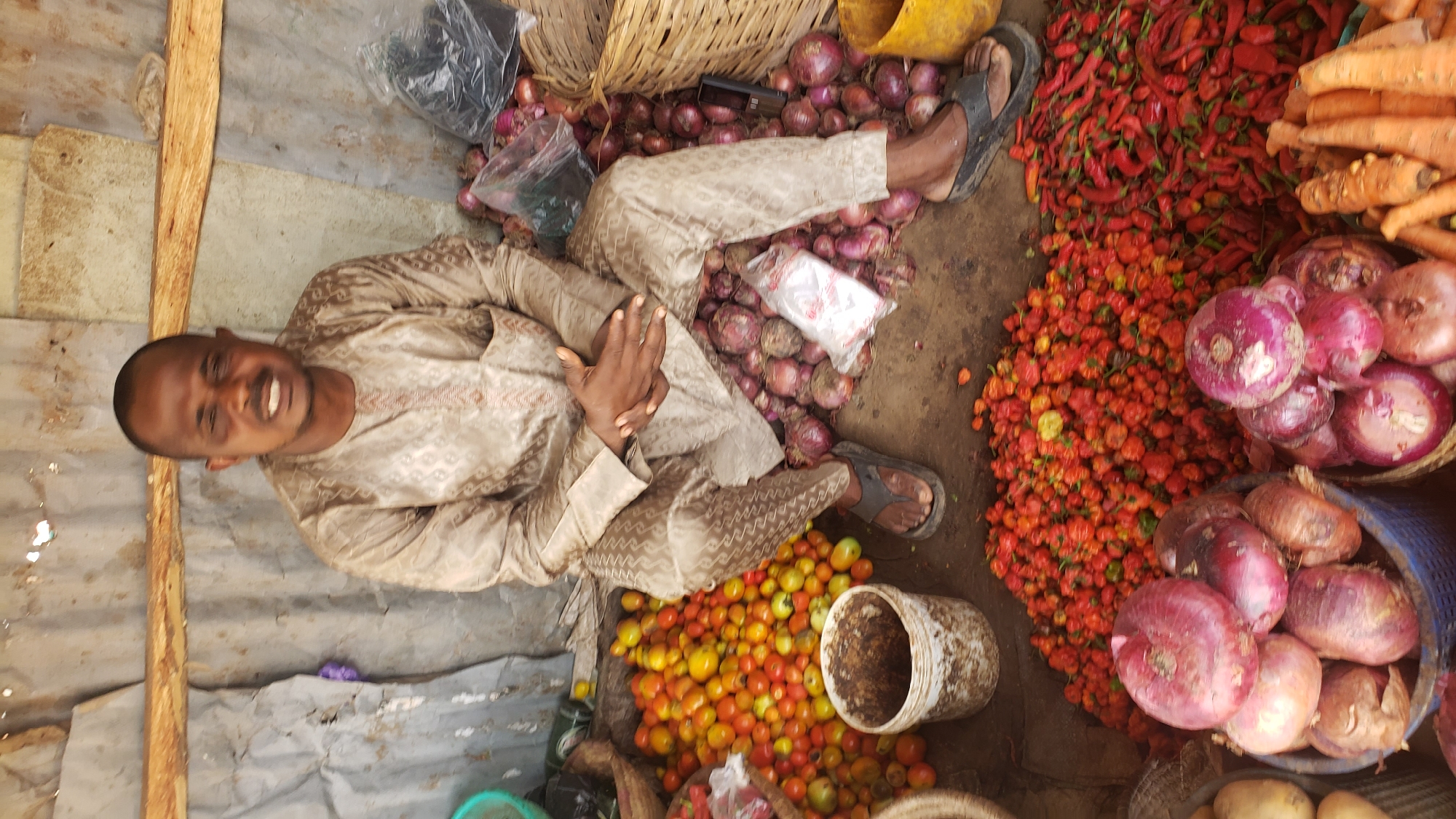 A smiling man sits amidst a vibrant array of produce at an outdoor market stall in Sabon Tasha, Nigeria. He wears a patterned beige shirt and pants with open-toed sandals. He is surrounded by piles of red onions, scotch bonnet peppers, red chili peppers, tomatoes, carrots, and potatoes, some in baskets and some loose on the ground. A bucket rests near the tomatoes. The market stall is covered with corrugated metal sheets.