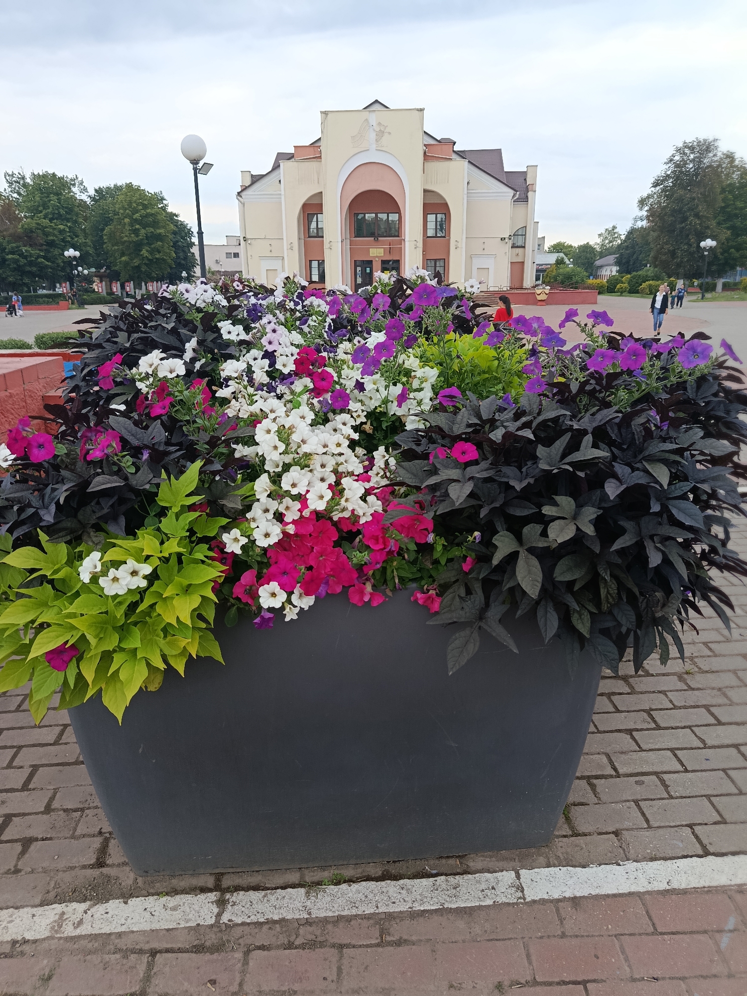 The image shows a large, dark grey planter filled with a vibrant assortment of flowers, primarily petunias in shades of pink, white, and purple, interspersed with bright green foliage. In the background, a light-colored building with arched entrances and a dark roof stands under a cloudy sky. Trees line the area behind the building, and people can be seen walking in the distance. The planter is situated on a brick-paved walkway. This scene is likely the central square of Zhlobin, Belarus, a common location for public flower displays and civic buildings.