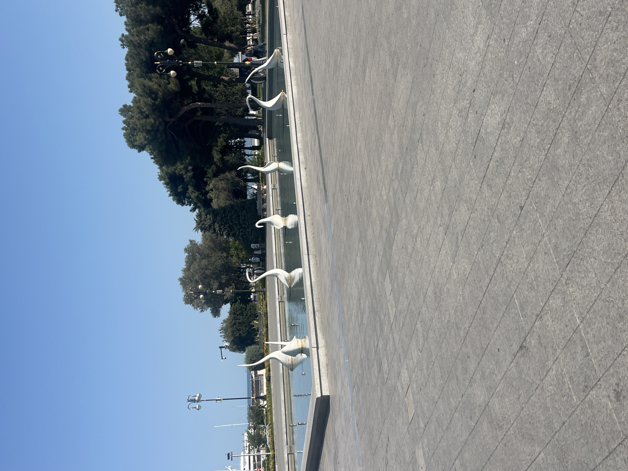 The image captures a sunny day in Baku, Azerbaijan, with a clear blue sky dominating the upper portion. In the foreground, a wide, gray paved area stretches across the scene, laid with rectangular stone tiles. A shallow, rectangular fountain occupies the middle ground, its water reflecting the surrounding elements. Within the fountain, several abstract white sculptures, resembling swans with gracefully curved necks, are partially submerged.
Behind the fountain, a line of lush green trees forms a backdrop, with some taller, darker trees interspersed. Beyond the trees, glimpses of the Caspian Sea can be seen, along with several white boats and yachts docked at a harbor. Lampposts with multiple lights are visible among the trees. A few people are casually walking in the background, near the trees and the water's edge. The overall scene suggests a public park or promenade area in Baku, likely along the seaside boulevard.