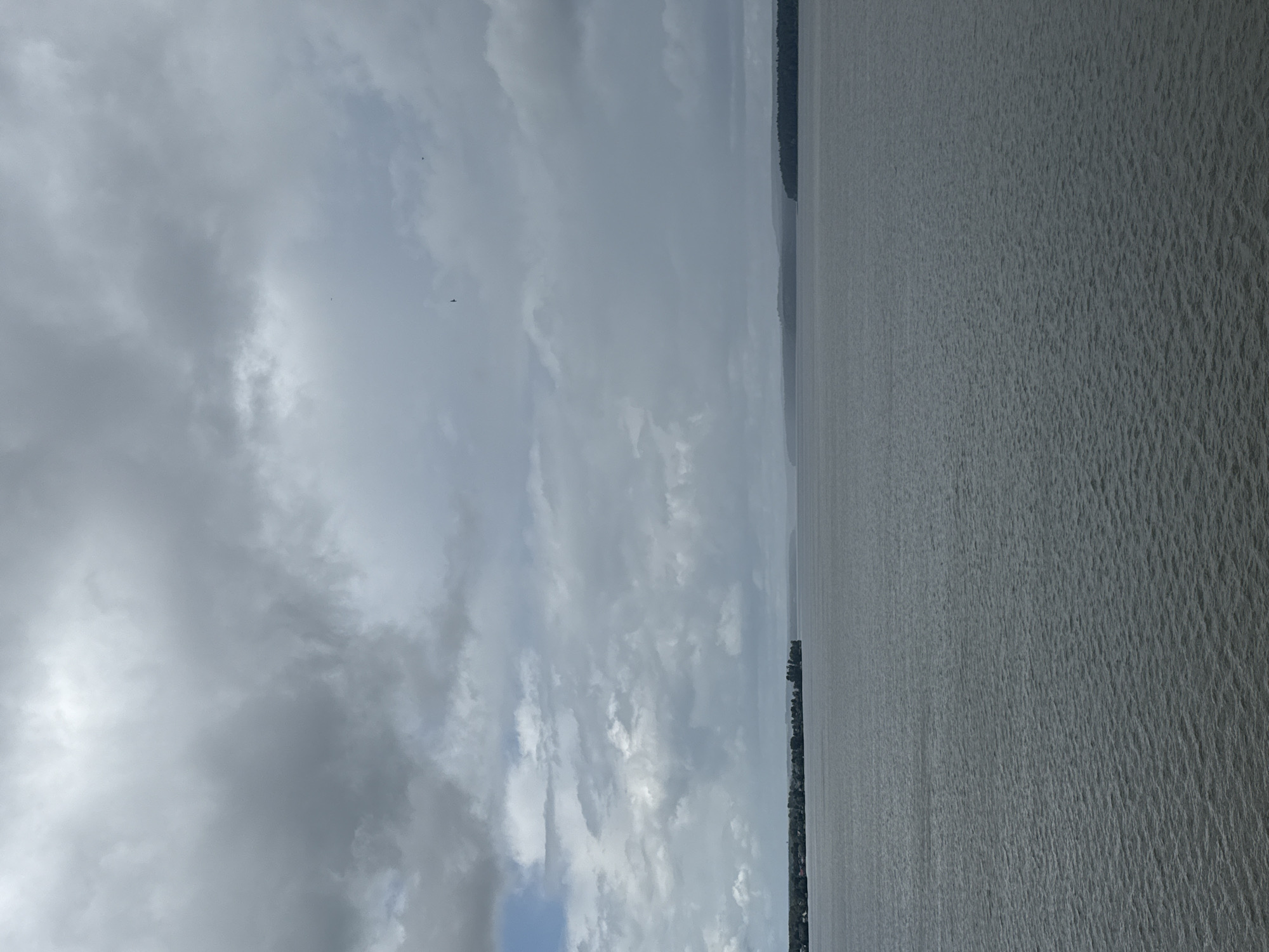 The image captures a wide expanse of water under a cloudy sky, suggesting an overcast or pre-storm condition. The water surface is textured with small ripples, indicating a gentle breeze or current. On the left side of the frame, a distant shoreline is visible, characterized by a dense line of trees and some buildings, hinting at a populated area. The sky is dominated by large, gray clouds with varying densities, with a small patch of lighter, possibly blue sky visible in the upper left. Several small dark specks, likely birds, are scattered across the sky. The overall mood is subdued and natural. This scene is consistent with the appearance of the Kama River in Votkinsk, Russia, particularly when viewed from one of its shores or a bridge.