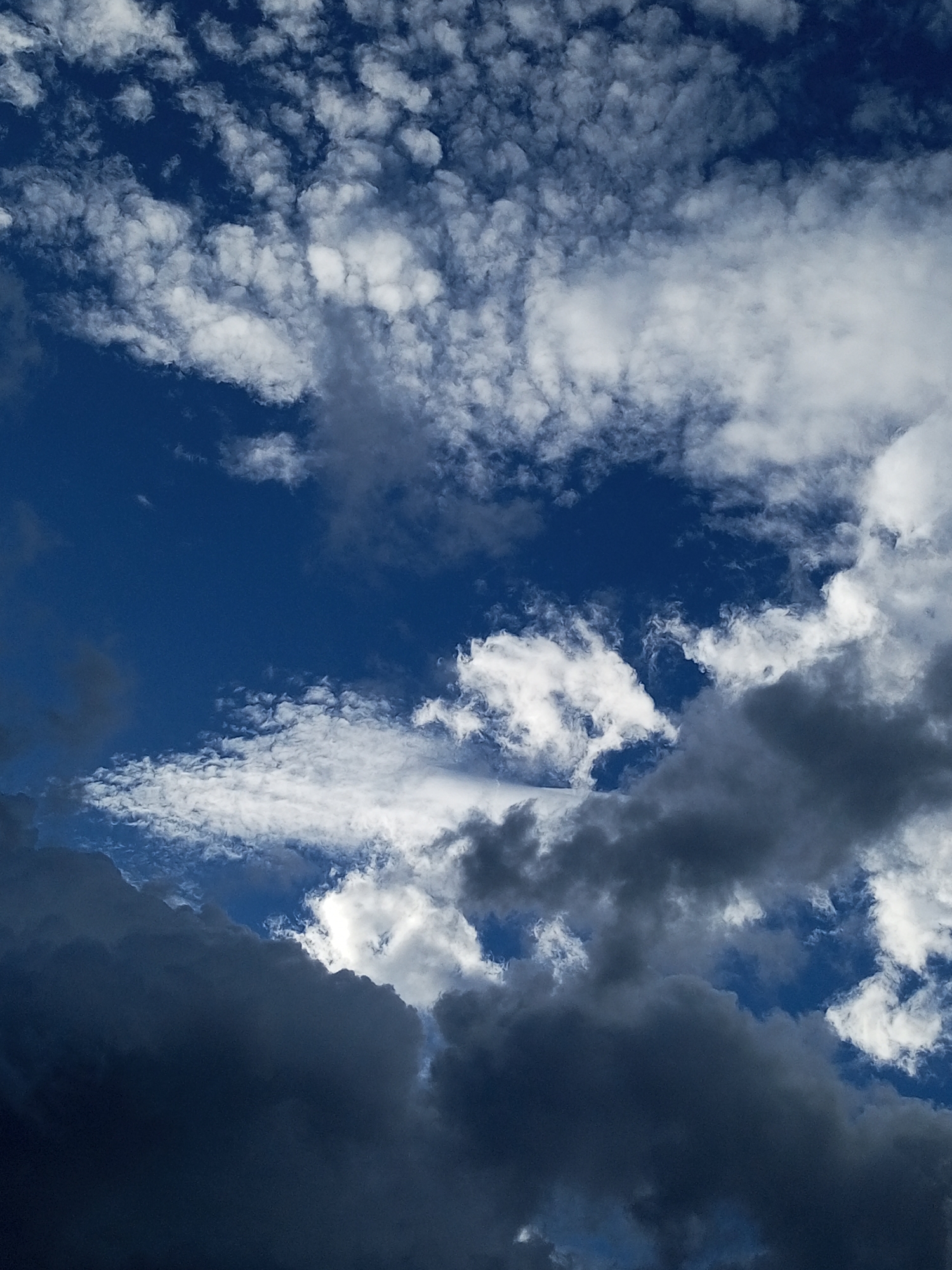 The image shows a cloudy sky with varying degrees of cloud density and darkness. The sky is a deep blue, with patches of bright white cumulus clouds scattered throughout. There are also darker, more ominous-looking storm clouds present, particularly in the lower portion of the frame. The lighting suggests it is daytime, possibly late afternoon or early evening, given the contrast between the bright and dark clouds. The image does not contain any people, buildings, or specific landmarks that would indicate a location within the city of Бөрлі, Kazakhstan. It is a purely atmospheric scene.