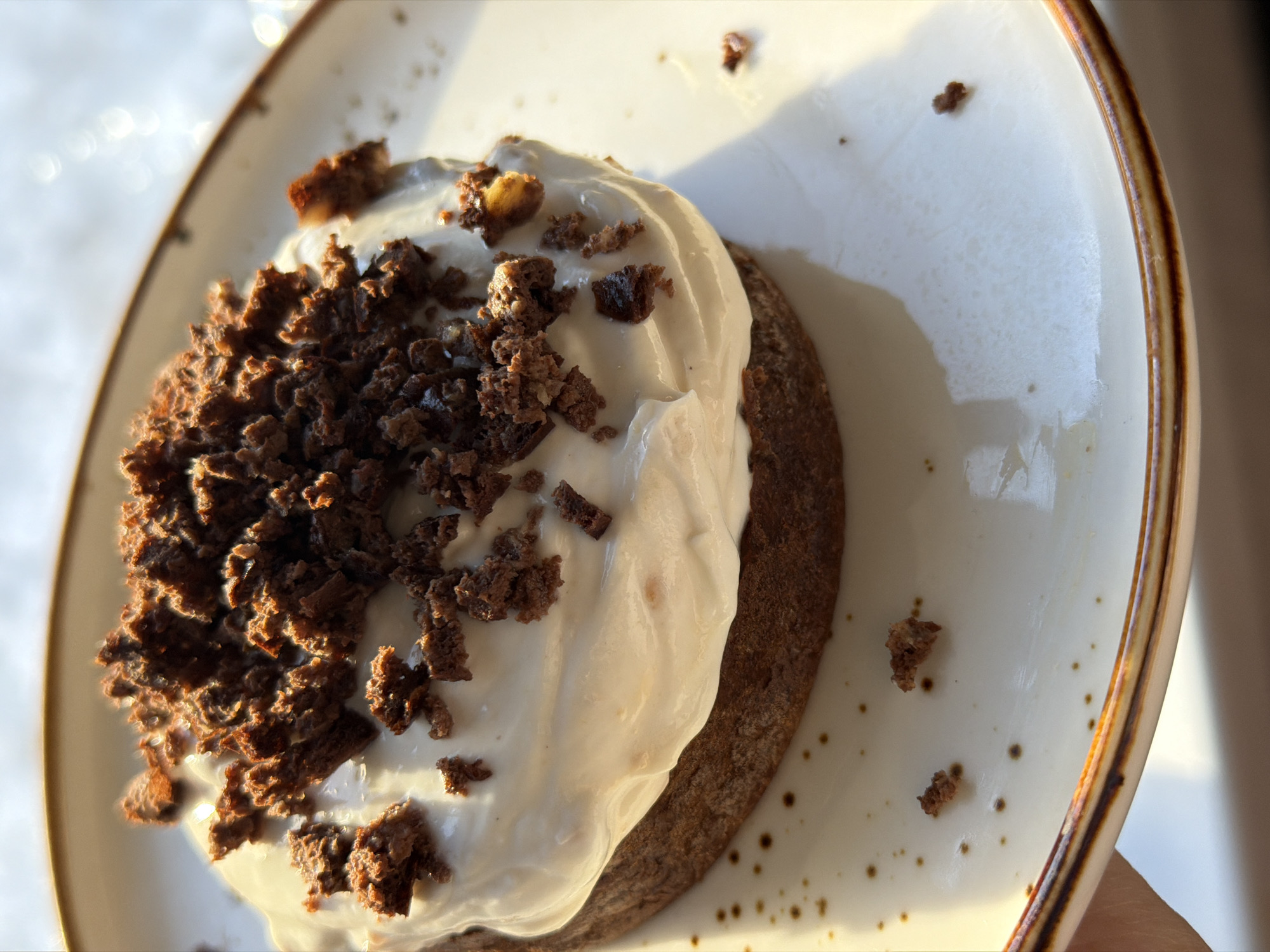 A single round dessert item is centrally displayed on a light-colored ceramic plate with a speckled pattern and a brown-edged rim. The dessert consists of a dark brown, cake-like base, approximately 2-3 cm in height, generously topped with a thick layer of off-white cream or frosting. This cream is covered with an abundance of dark brown, irregular crumbs. Several identical crumbs are scattered across the plate surface. Strong natural light illuminates the scene from the left, casting sharp shadows from the dessert and plate. A human hand, with light skin, is partially visible at the bottom left, gripping the plate. The background is out of focus, appearing as bright, blurred highlights. This scene is located in Perm, Russia.