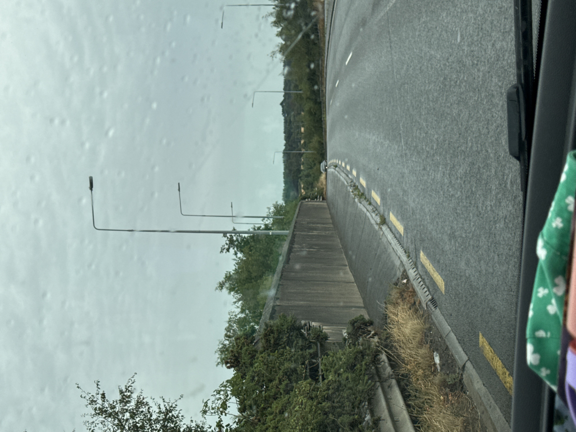 The image depicts a view from inside a vehicle driving on a wet road, likely in Newrath Road, Ireland, under overcast skies. Raindrops are visible on the windshield, distorting the view slightly. The road is asphalt and appears to be a multi-lane highway or bypass, curving gently to the right. Yellow dashed lines mark the edge of the road and solid white lines divide the lanes.

To the left of the road, there is a tall, gray concrete wall, partially overgrown with dense green foliage, including bushes and trees. Beyond the wall, more trees and greenery are visible, suggesting a natural or park-like setting. A metal guardrail runs along the base of the wall.

Several streetlights are visible along the road, spaced at intervals. In the distance, a single car can be seen on the left side of the road, also appearing to be driving. The background consists of rolling hills covered in trees and vegetation, further emphasizing a semi-rural or suburban environment. The overall atmosphere is damp and muted, typical of rainy weather. In the foreground, the dashboard of the vehicle is visible, with a green fabric object with a white clover pattern resting on it.