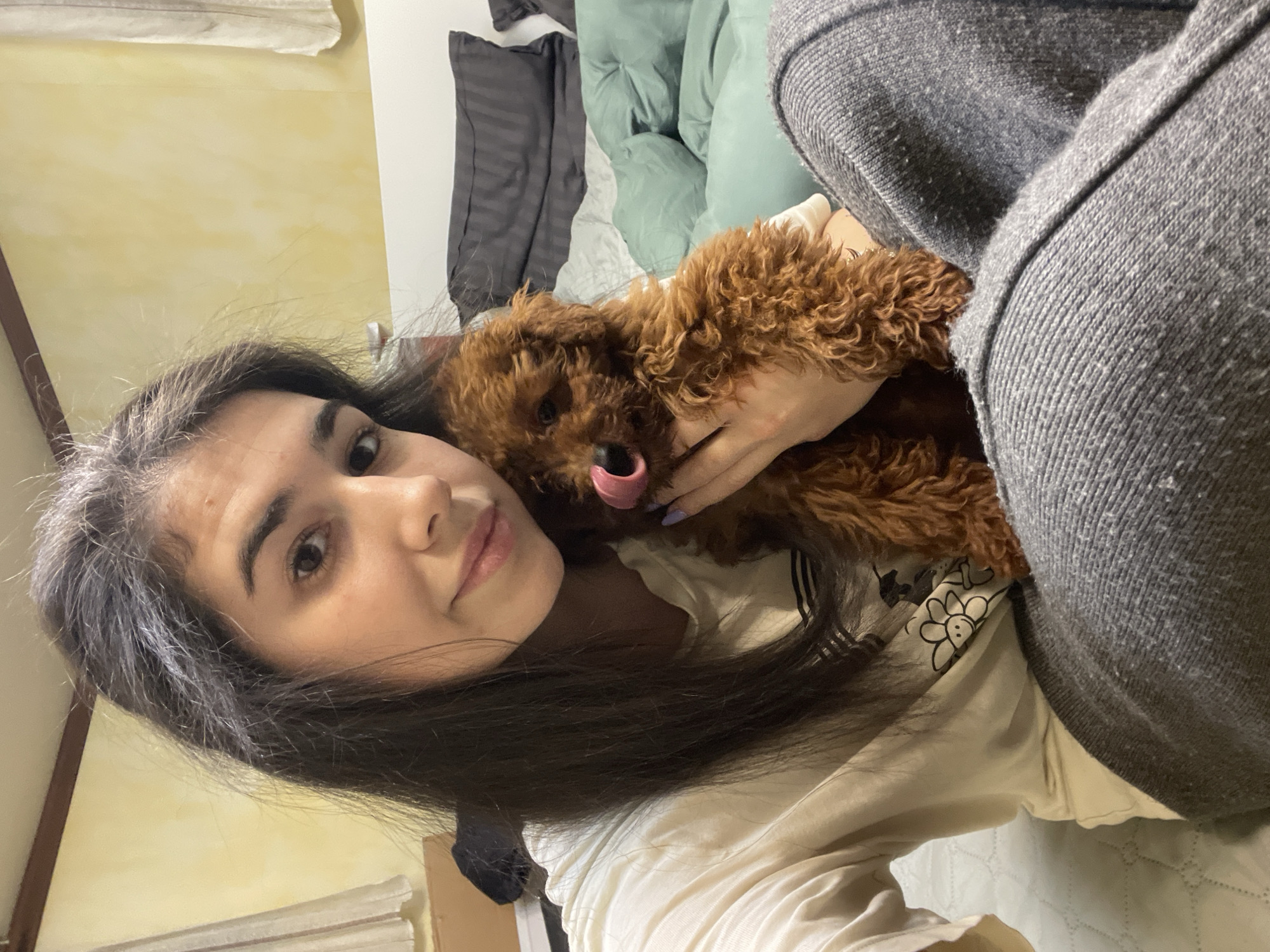 A young woman with long, dark hair is holding a small, brown poodle in her arms. The dog has its tongue sticking out. The woman is wearing a light-colored t-shirt with a floral design and grey sweatpants. They are on a bed with green and grey bedding. The background includes a wall and window blinds. The location is not identifiable as Sofia, Bulgaria.