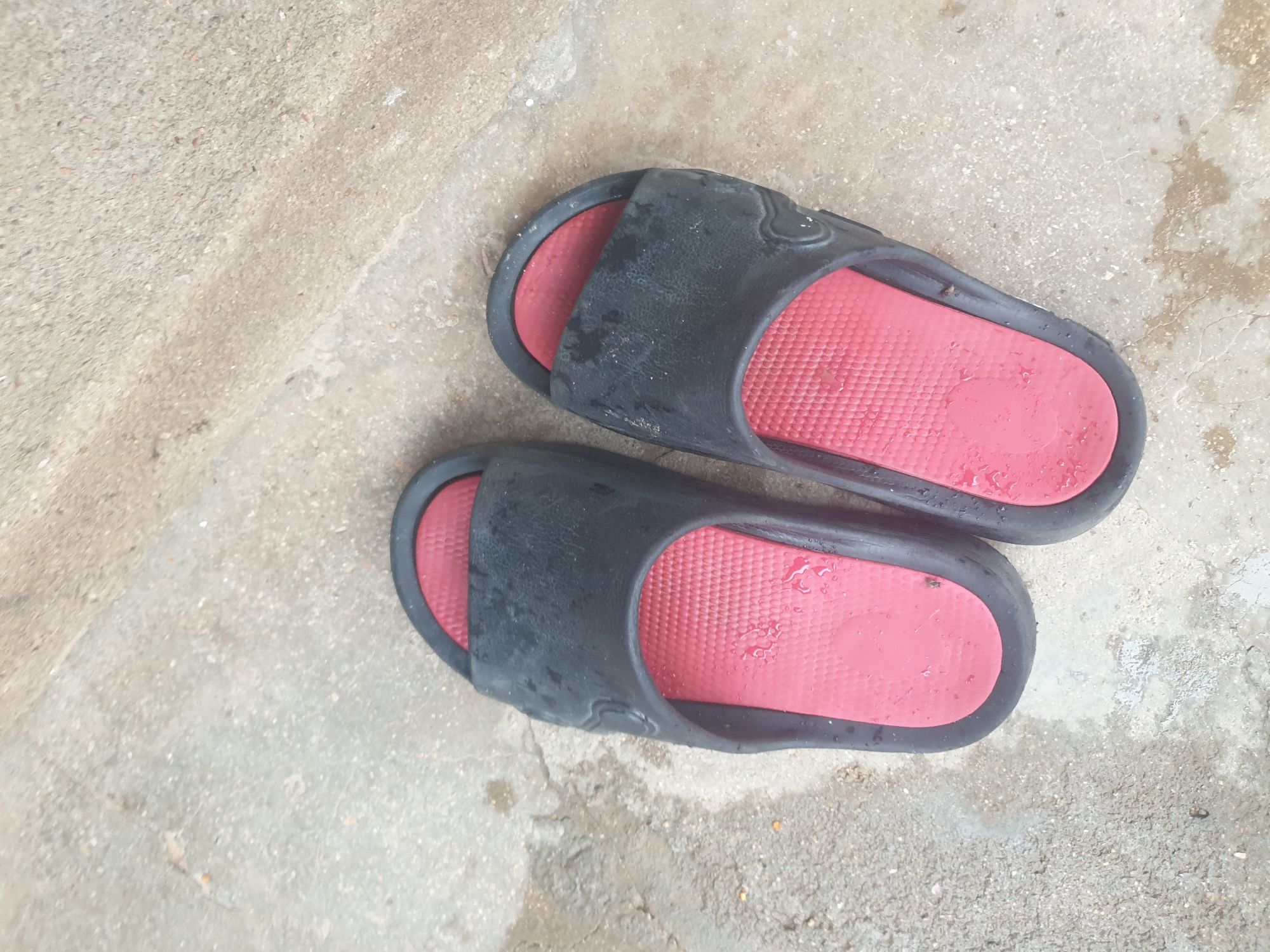Two black and red slide sandals are placed on a wet, concrete surface. The sandals are positioned side by side, with their openings facing upwards and slightly towards the viewer. The concrete appears to be rough and textured, with some water stains and small debris scattered across it. The lighting suggests an outdoor environment, possibly a patio or walkway.