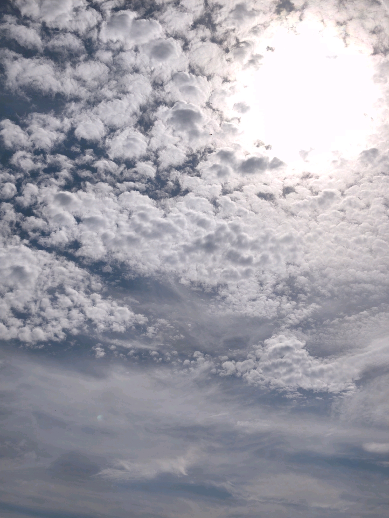The image depicts a sky filled with clouds. The sun is visible in the upper right quadrant, creating a bright, blown-out area with a halo effect. The clouds vary in density and texture, with some appearing puffy and white, while others are thinner and more wispy, tinged with grey. The overall impression is of a bright, overcast day. The image does not contain any elements that would allow for the identification of a specific location within the city of Karachayevsk, Russia, or any human subjects, objects, or actions.