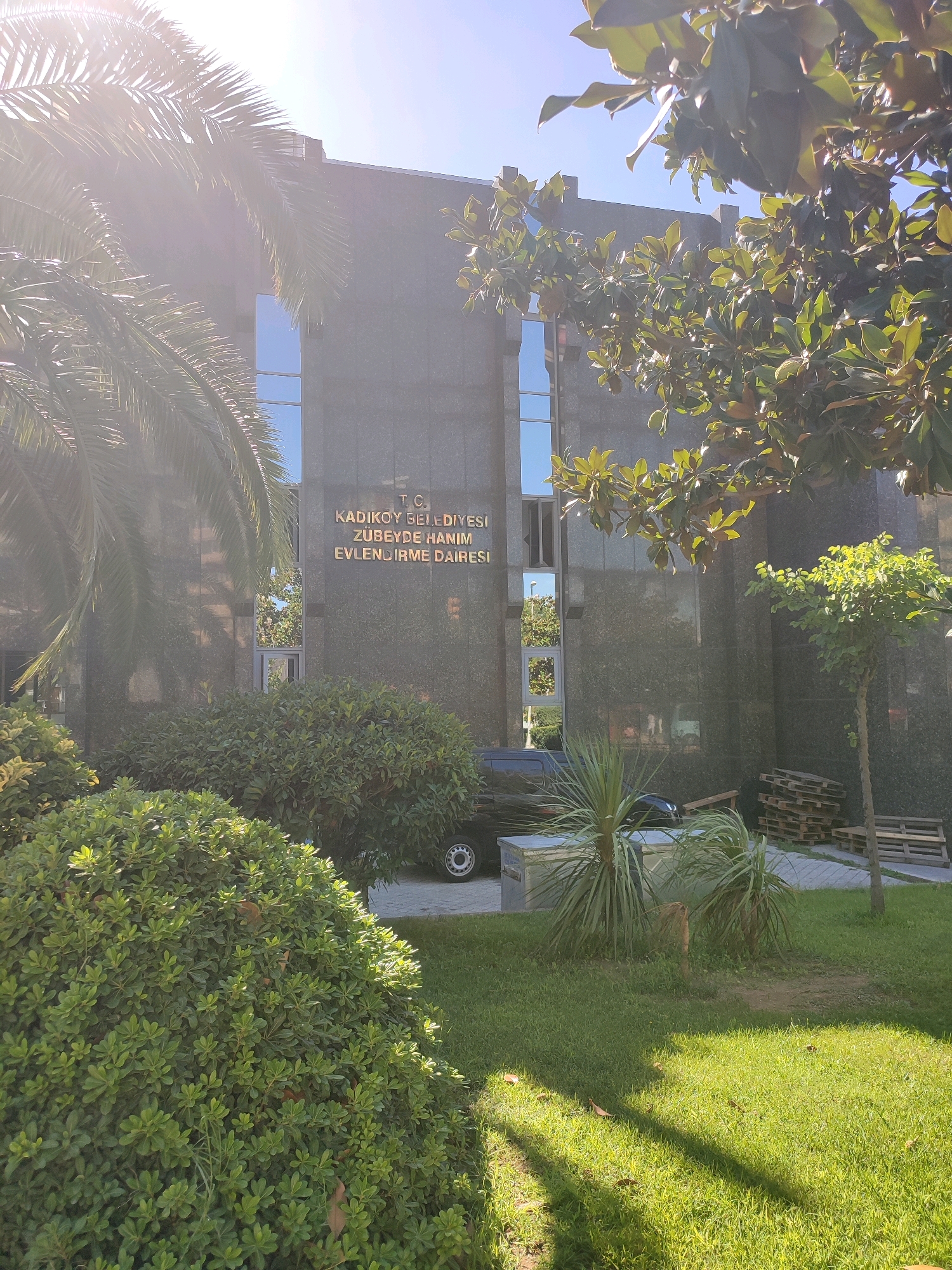 The image shows the facade of a building in Kadıköy, Turkey, with the text "T.C. KADIKOY BELEDIYESI ZUBEYDE HANIM EVLENDIRME DAIRESİ" visible in gold lettering. This indicates it is the Kadıköy Municipality and the Zübeyde Hanım Marriage Office. Palm trees and other lush greenery are in the foreground, with sunlight streaming through the palm fronds and casting shadows on the grass. A dark-colored vehicle is parked on the right side of the building, partially obscured by bushes. Several wooden pallets are stacked near the building on the right. The architecture of the building is modern, with a dark, polished stone facade and large windows reflecting the sky and surrounding trees.
