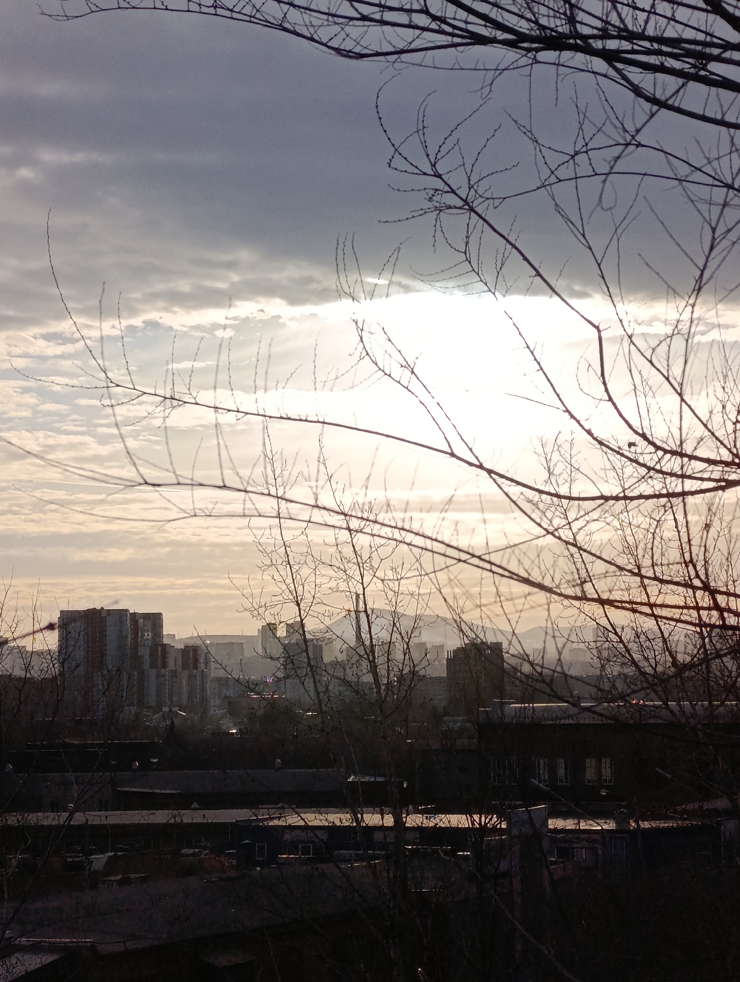 An elevated panoramic view captures an urban landscape in Krasnoyarsk, Russia, under a partially cloudy sky. The sky transitions from dense, dark grey clouds in the upper left to a bright, obscured sunlight source with scattered lighter clouds in the upper right. The foreground is dominated by a dense network of bare, dark-colored deciduous tree branches, silhouetted against the sky and city below. In the midground, a series of dark-roofed, low-rise industrial or commercial buildings are visible. The background features a hazy cityscape composed of numerous multi-story residential and commercial buildings, largely appearing dark against the lighter sky. A distinct, darker building with a unique roofline is identifiable in the right-center background among other structures. Faintly visible distant hills or mountains line the horizon, softened by atmospheric haze. No individuals, specific actions, or direct interactions are discernible within the frame. The location is consistent with an elevated viewpoint overlooking a developed area of Krasnoyarsk, characterized by mixed-use construction and distant natural topography.