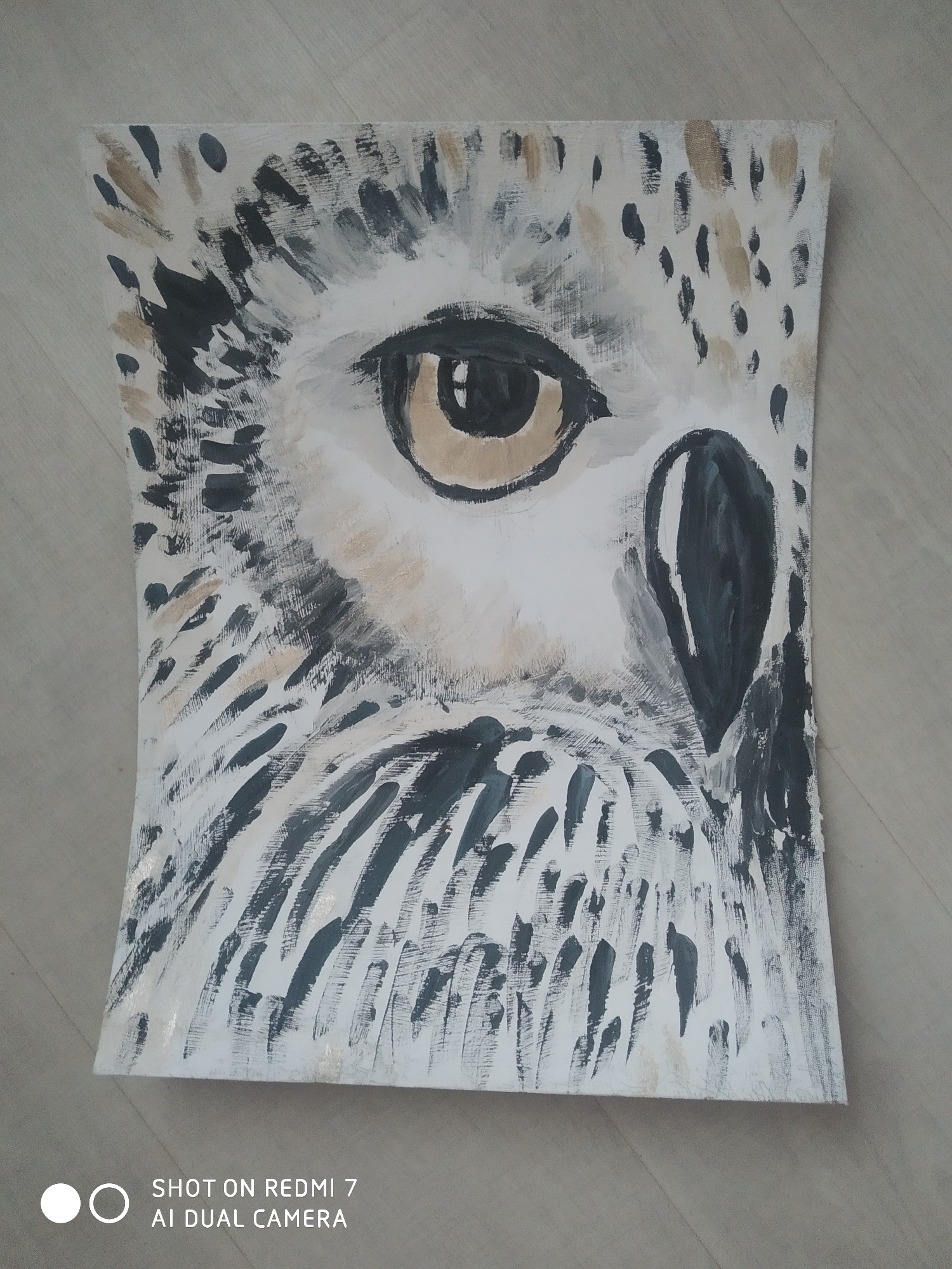 The image shows a painting of an owl's face, specifically the eye and surrounding plumage. The painting uses broad brushstrokes with a color palette of white, black, brown, and gray. The background is a light gray surface, possibly a floor. The text "SHOT ON REDMI 7 AI DUAL CAMERA" is visible in the lower portion of the image. The location of the city of Ochansk, Russia, is not evident within the image.