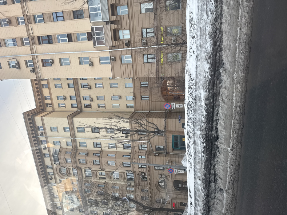 The image depicts a winter street scene in Khimki, Russia, characterized by multi-story residential buildings and significant snow accumulation. The foreground shows a dark asphalt road, bordering a substantial, multi-layered pile of dirty snow mixed with ice, suggesting recent clearing operations or vehicle traffic.
In the mid-ground, a row of tall, ornate apartment buildings with light beige and brown facades dominates the view. These structures feature multiple windows, some with enclosed balconies or protruding bay window sections. Numerous external air conditioning units are mounted on the building walls. Bare-branched trees stand in front of the buildings, indicative of the winter season.
At ground level, the buildings incorporate commercial establishments and arched passages. Visible signage includes:
* A partially obscured red sign on the left with white Cyrillic text, reading "ДИКСИ" (Dixy), a supermarket chain.
* Two blue circular traffic signs with a red diagonal cross, signifying "No Stopping," each accompanied by a white supplementary plate indicating "15 м" (15 meters) and a towing symbol.
* A prominent yellow sign with Cyrillic text on the right side reading "ЛабКвест АНАЛИЗЫ" (LabQuest Analysis), identifying a medical laboratory.
The sky above is overcast or brightly diffused, with no direct sunlight visible on the buildings. No people or active vehicles are present in the frame.