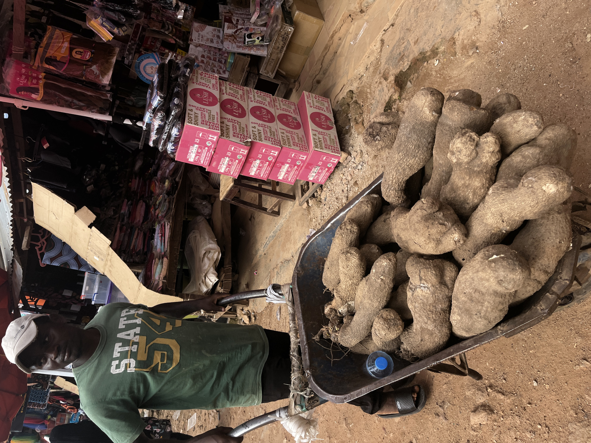 In Jos, Nigeria, a man wearing a green t-shirt with "STATE 54" printed on it and a white baseball cap pushes a wheelbarrow overflowing with yams. The wheelbarrow, a dark metallic blue, is worn and shows signs of age, with white wrapping on its handles. A blue plastic water bottle rests inside the wheelbarrow among the tubers. The man is dressed casually in dark pants and black slide sandals.
The background depicts a busy marketplace. Stalls are visible, displaying a variety of goods, including textiles with vibrant patterns, clothing hanging on racks, and stacked boxes of packaged hair extensions. The overall environment appears to be an outdoor setting with a dirt ground, suggesting it is a typical Nigerian market. The lighting indicates it is daytime, and the scene is captured from a medium-close shot, focusing on the man and his cargo.