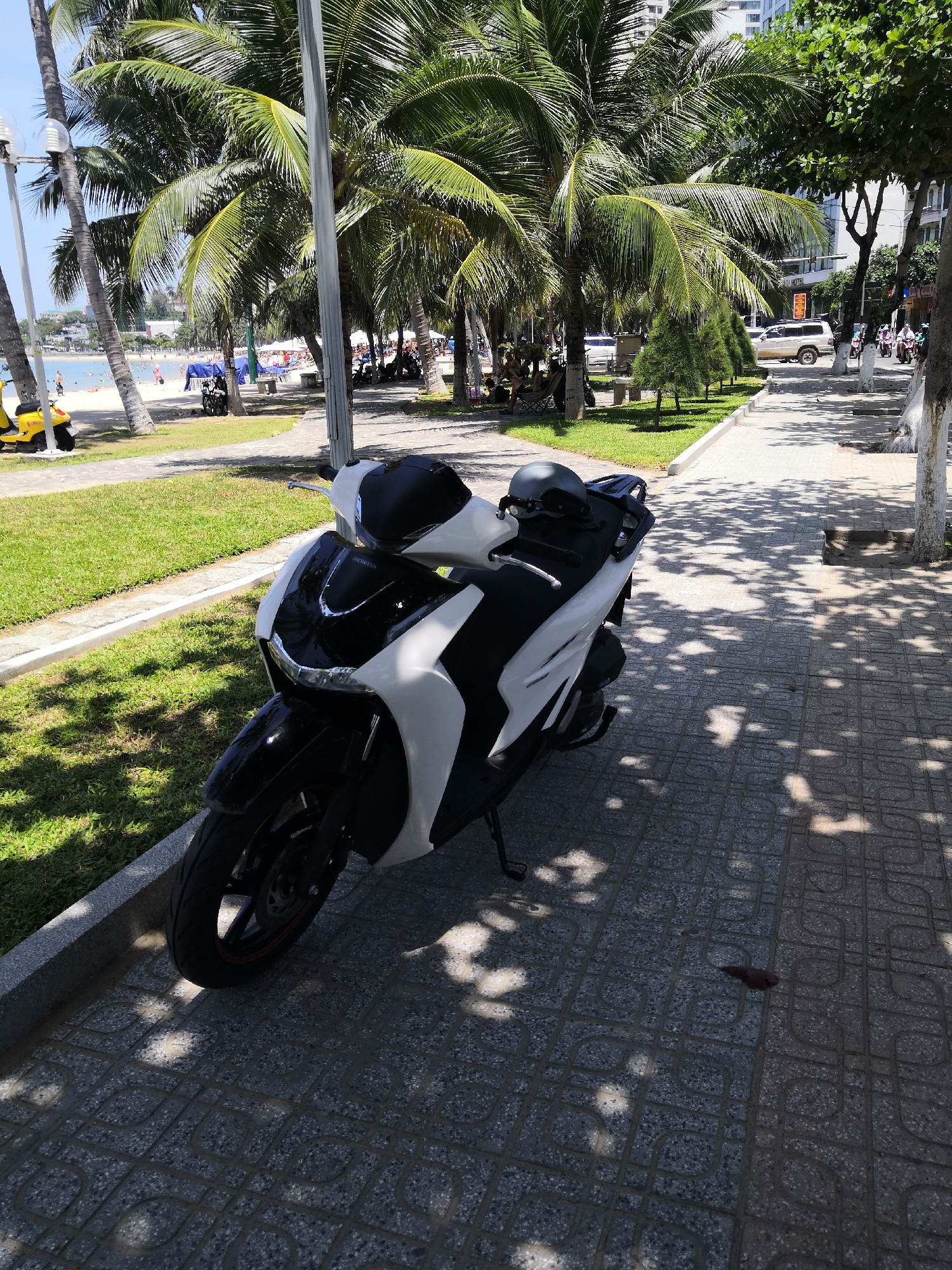 The image captures a vibrant daytime scene in Bac Nha Trang Ward, Vietnam, depicting a coastal urban environment. In the immediate foreground, a two-tone black and white Honda SH scooter is parked on a grey tiled sidewalk, positioned facing left and angled towards the viewer. A dark grey helmet rests on its rear rack. The scooter's front wheel displays a red accent on the rim. The sidewalk consists of textured interlocking pavers with a repeating geometric pattern, partially illuminated by direct sunlight and partially covered by dappled tree shadows. A small, dark, irregular piece of debris lies on the sidewalk in the lower right quadrant.
Separating the sidewalk from a manicured green lawn is a low grey concrete curb. Beyond the lawn, numerous tall palm trees and smaller conical evergreen trees line a paved street. Several individuals are visible under the shade of the palm trees, some seated on chairs. On the street, a light-colored SUV and multiple motorbikes with riders are present. Buildings, including one with a visible "HOTEL" sign, line the far side of the street. Further in the background, a sandy beach is populated with numerous people, some near the water's edge, and dotted with beach umbrellas. The blue ocean extends beyond the beach, meeting a distant landmass under a clear blue sky. The scene is brightly lit by natural sunlight, casting distinct shadows.