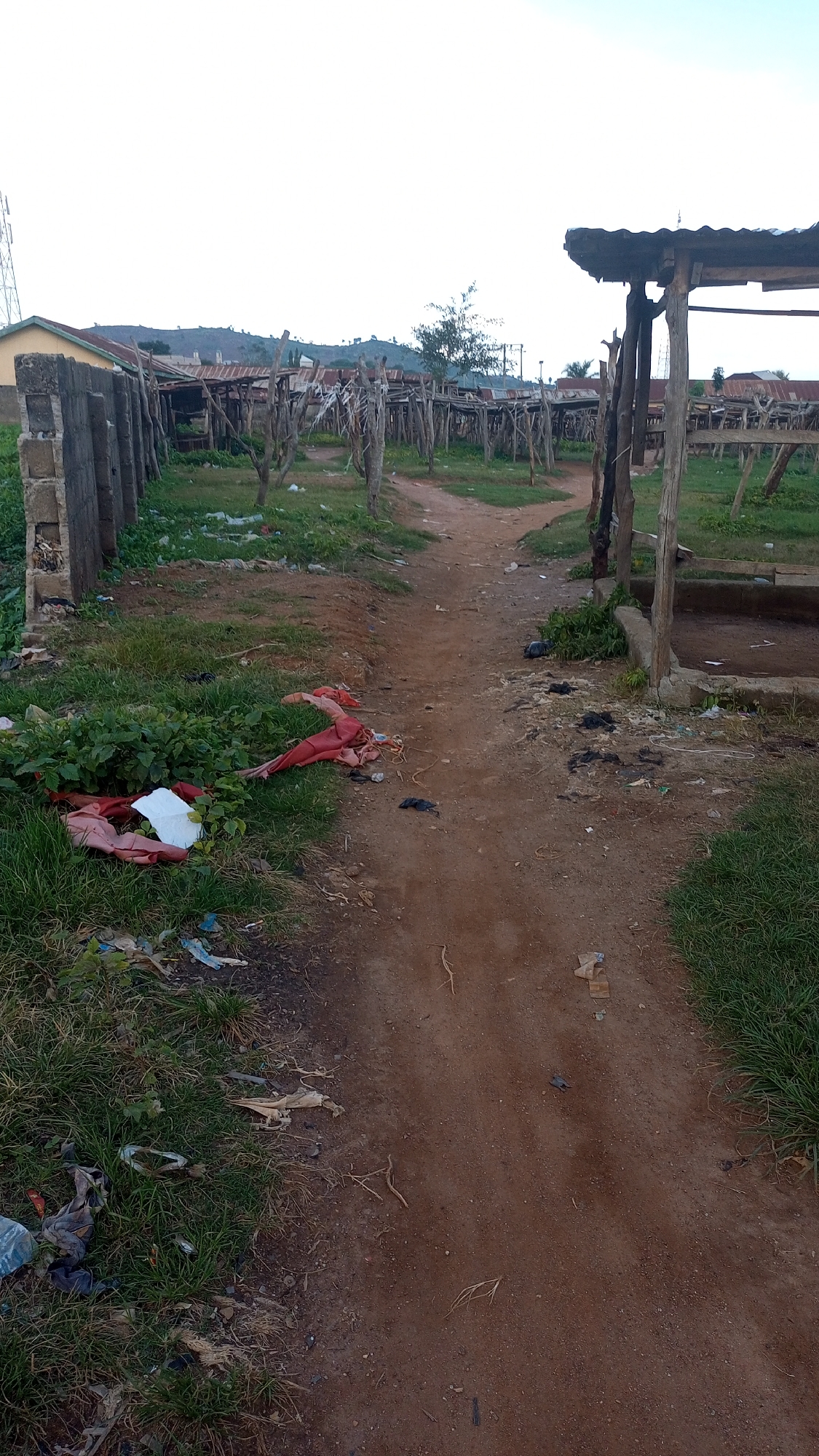 This is a photograph of a seemingly abandoned or underutilized outdoor market or holding pens in Kagarko South, Nigeria. The scene is characterized by numerous wooden posts supporting makeshift roofs constructed from corrugated metal sheets and branches. These structures are arranged in rows, forming what appear to be stalls or animal enclosures. The ground is a dirt path, uneven and covered in debris, including plastic waste, discarded materials, and dried vegetation.
To the left of the path, a section of a dilapidated concrete wall is visible, suggesting the presence of more permanent structures that are also in disrepair. Scattered on the grassy area beside the path are several pieces of red and pink fabric, along with a white piece of material, possibly discarded belongings or remnants of goods. Further into the scene, more of the wooden structures and the hilly landscape of Nigeria can be seen in the background under an overcast sky.
The time of day appears to be late afternoon or early evening, as the light is soft and diffused. The weather seems to be dry. There are no people or animals actively present in the frame, contributing to an atmosphere of stillness, perhaps neglect. The overall impression is one of a functional space that is currently not in use, with a significant amount of litter and decay evident. No visible text is present in the image.
