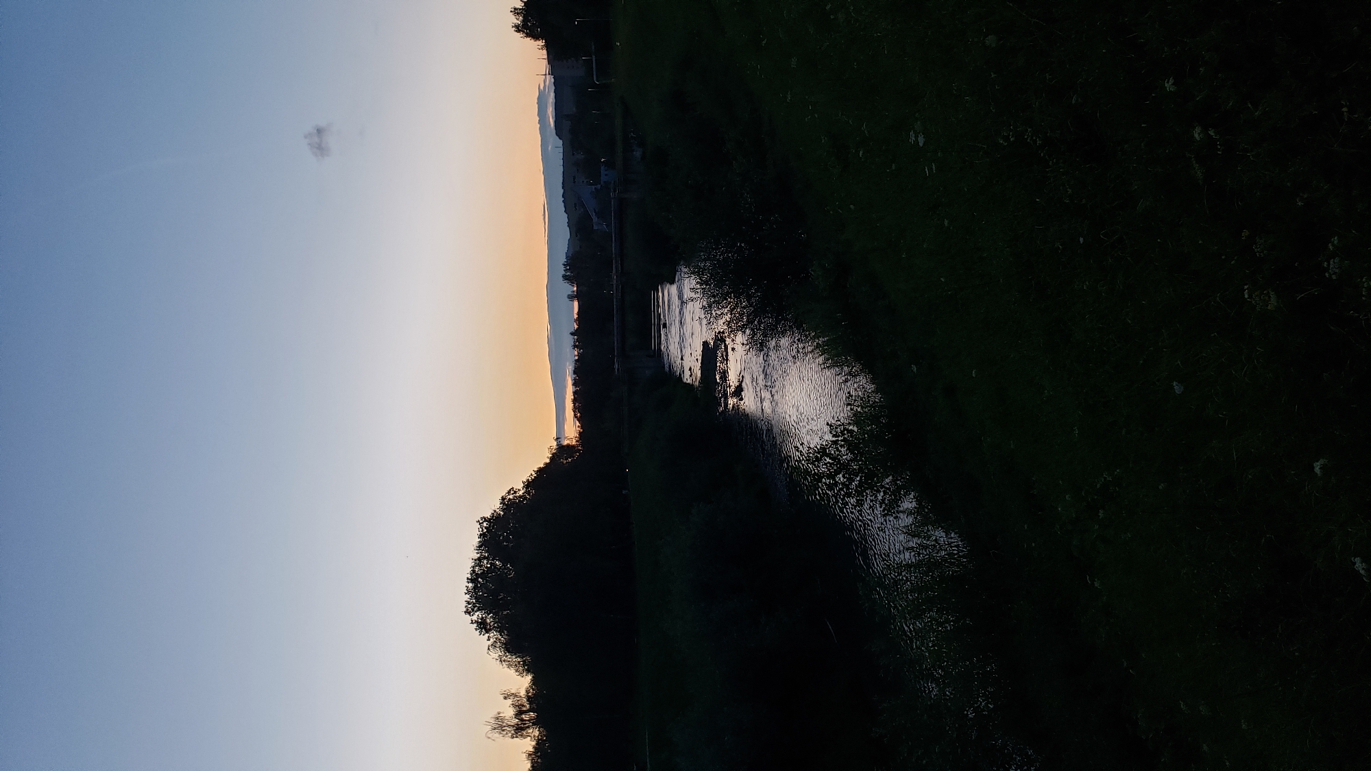 This is a vertical, eye-level, full-shot photograph of a river flowing through a park-like area at dusk, likely in the city of Prešov, Slovakia. The sky transitions from a deep blue at the top to a pale orange and then yellow near the horizon, indicating a sunset or sunrise. A few wispy clouds are visible in the upper right portion of the sky.
The foreground is dominated by dark, shadowy grass and foliage, with some lighter wildflowers sparsely scattered. A body of water, a river, occupies the middle ground, reflecting the dim light of the sky. The water appears somewhat shallow with visible ripples and rocks.
On the left side of the river, a dense cluster of trees is silhouetted against the fading light. On the right bank, more dark vegetation lines the river, and further back, what appears to be a grassy slope rises.
In the distance, a concrete bridge crosses the river. Beyond the bridge, the faint outlines of buildings and structures, possibly part of the city, are visible along the horizon, along with some poles and lights. The overall atmosphere is serene and quiet, characteristic of twilight in a natural or semi-natural urban setting. No people or animals are visible in the image.