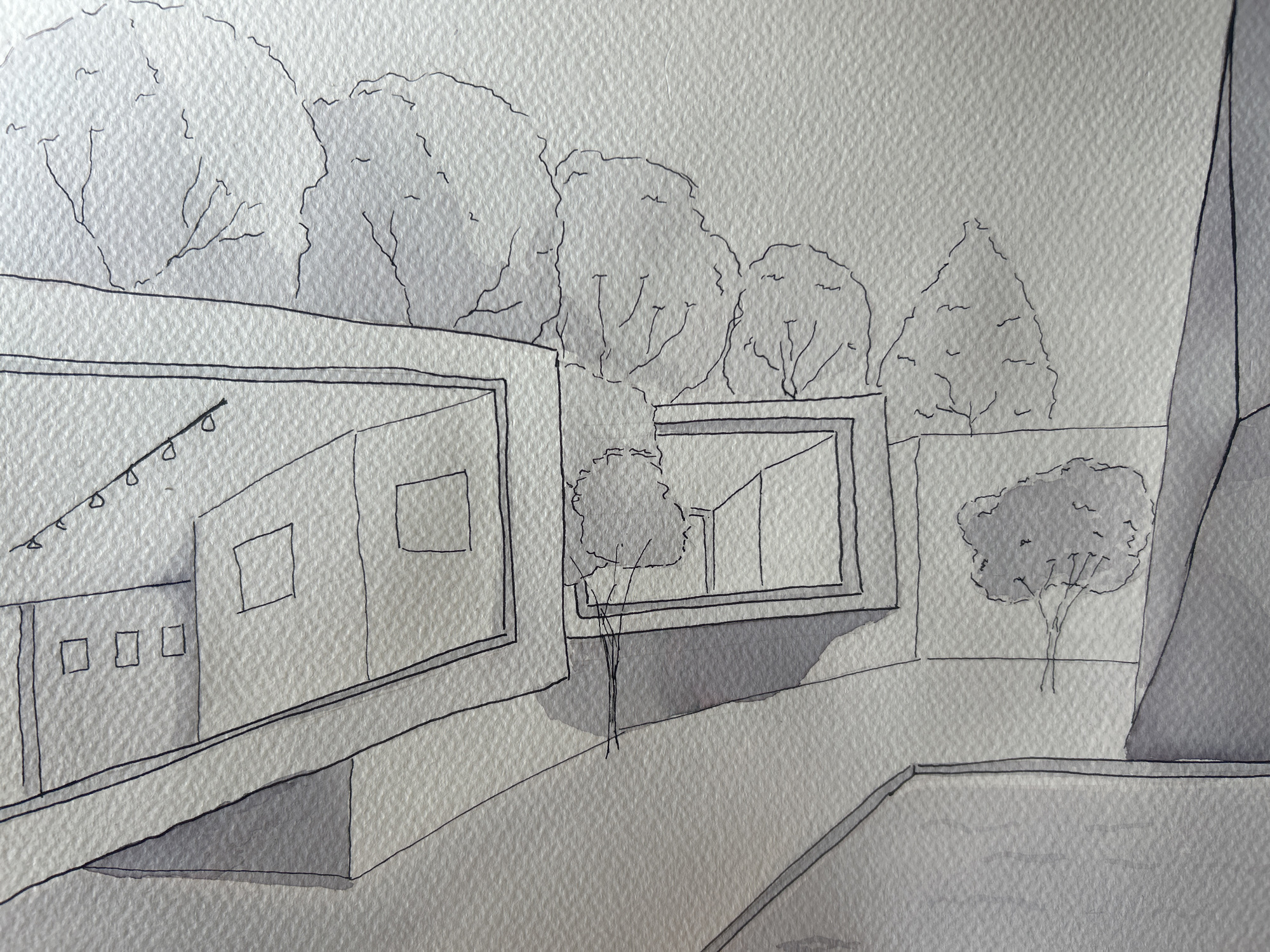 The image is a grayscale watercolor and line drawing depicting a modern architectural scene. The style suggests an architectural rendering or artistic interpretation.
Architectural Features:
* Several modernist buildings with flat roofs and large rectangular windows are visible.
* One building in the foreground has three small square windows and what appears to be a string of lights above it.
* Other buildings are partially obscured but appear to have similar clean, geometric lines.
* A pool or reflecting pond is present in the lower right corner.
Landscape Elements:
* A row of stylized, rounded trees lines the background, adding a natural element to the scene.
* Smaller, similar trees are interspersed among the buildings.
Overall Impression:
* The scene is orderly and structured, characteristic of modern architecture.
* The grayscale palette gives a minimalist and slightly muted feel.
Location:
The location within an unknown city is suggested to be a planned residential space or a park-like setting with modern homes. The architectural style and landscape design indicate a degree of affluence and aesthetic consideration. The buildings are possibly designed for a warm climate.