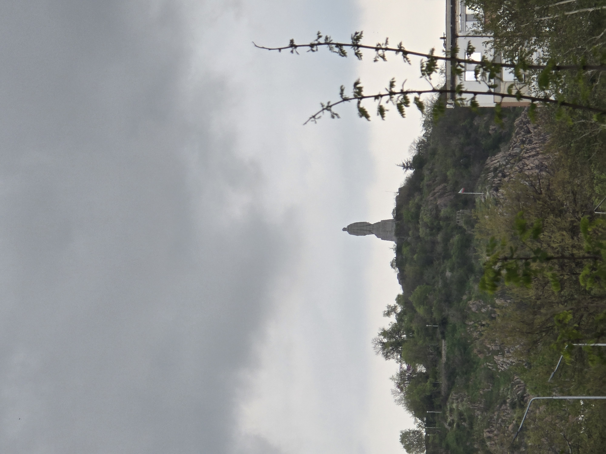 The image displays a landscape featuring a prominent, tree-covered hill under an overcast sky. In the upper foreground, out-of-focus branches with nascent green leaves frame the scene.
A large, light-colored statue of a human figure stands on a pedestal near the peak of the hill, positioned towards the left side of the frame. Further along the hillside to the right, a building with visible windows is nestled among the trees. Below this building, a flagpole proudly displays a horizontally striped flag, though its specific colors are difficult to ascertain due to distance and the muted lighting conditions. The hill itself is densely covered with green trees and scattered rocky outcrops, showing natural ruggedness alongside cultivated vegetation. A few streetlights or utility poles are visible along the lower slopes, suggesting pathways or infrastructure.
The sky is a uniform, somber grey, indicating an overcast or cloudy day. No direct sunlight is visible, and the lighting is soft and diffused. There are no people or specific activities depicted. No visible text is present in the image.