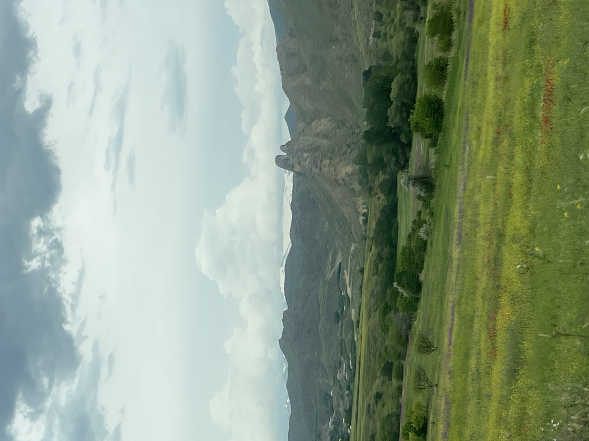 The image, which is presented rotated 90 degrees clockwise, displays a panoramic natural landscape under a partly cloudy sky, likely in the Chiva region of Armenia.
In the foreground, a lush green meadow stretches across the lower portion of the scene. This field is dotted with numerous small wildflowers in shades of red, purple, and yellow, adding splashes of color to the vibrant green. A few scattered trees with dense green foliage are visible within the meadow and along its edges.
The mid-ground is dominated by a series of rugged mountains, characterized by their dark green and brownish hues and rocky textures. A prominent and distinctive rocky outcrop or formation stands out in the central mid-ground, appearing as a tall, eroded cliff face. Further in the distance, behind these immediate mountains, another range of mountains can be seen, with lighter, possibly snow-capped peaks. Small, indistinct structures, likely buildings belonging to a village or settlement, are faintly visible nestled at the base of the mountains in the mid-ground.
The sky occupies the upper part of the image, featuring a blend of dark gray, denser clouds on the left, transitioning to lighter, more diffused white and light gray clouds across the rest of the expanse. The lighting suggests it is daytime, possibly late morning or early afternoon. No people or specific activities are visible, emphasizing the natural serenity of the mountainous landscape. There is no visible text in the image.