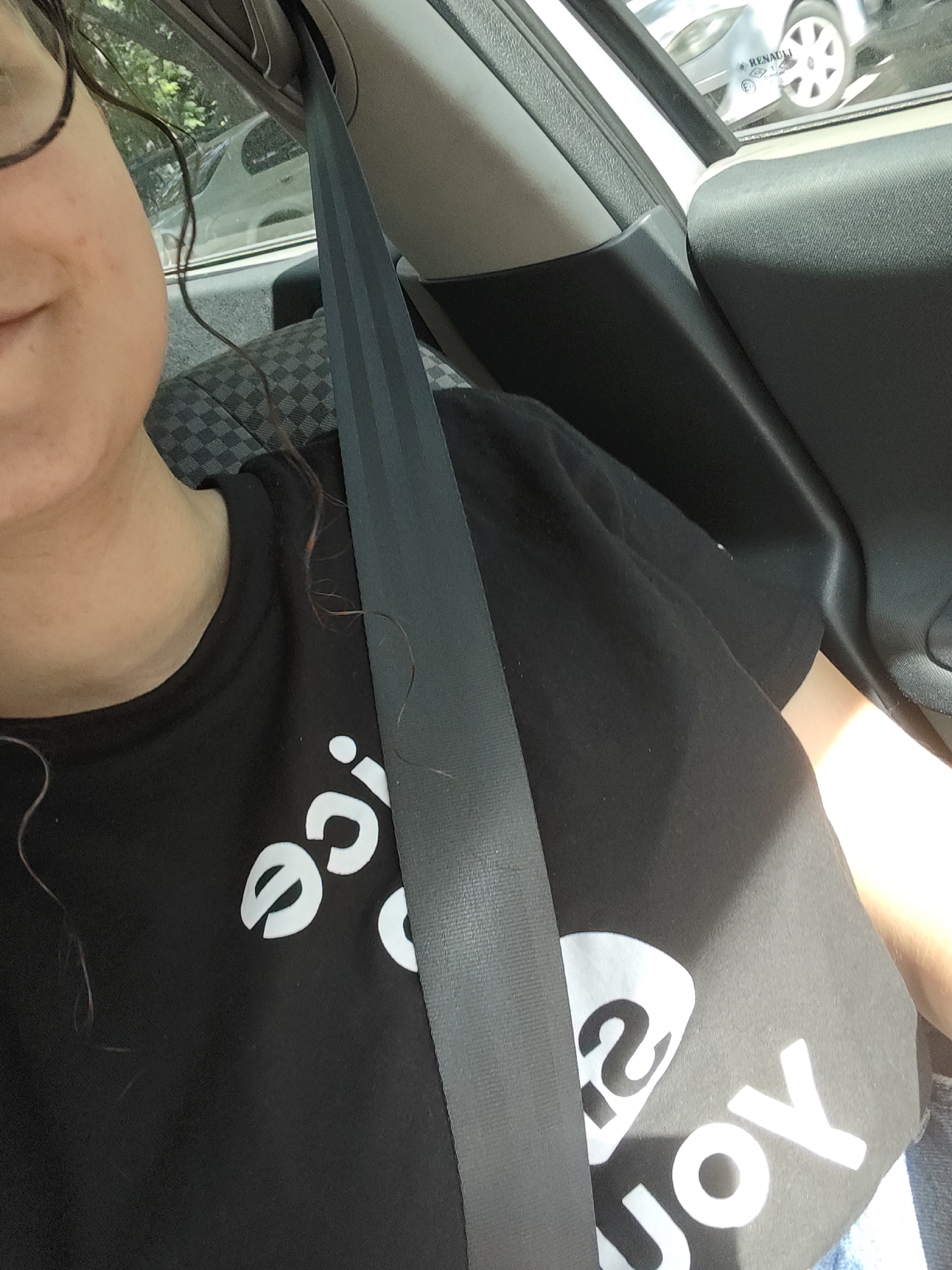 A close-up, eye-level shot captures a person wearing a black t-shirt with white text as they sit in a car. The seatbelt is prominently positioned across the t-shirt, diagonally from the top left to the bottom right. The t-shirt has white text that reads "Nice To Joy". The background shows a car window with trees and another car visible outside. The interior of the car is visible, including a grey patterned seat. The lighting suggests it is daytime, with sunlight casting shadows. The image is cropped, showing only the upper torso of the person and the car's interior.