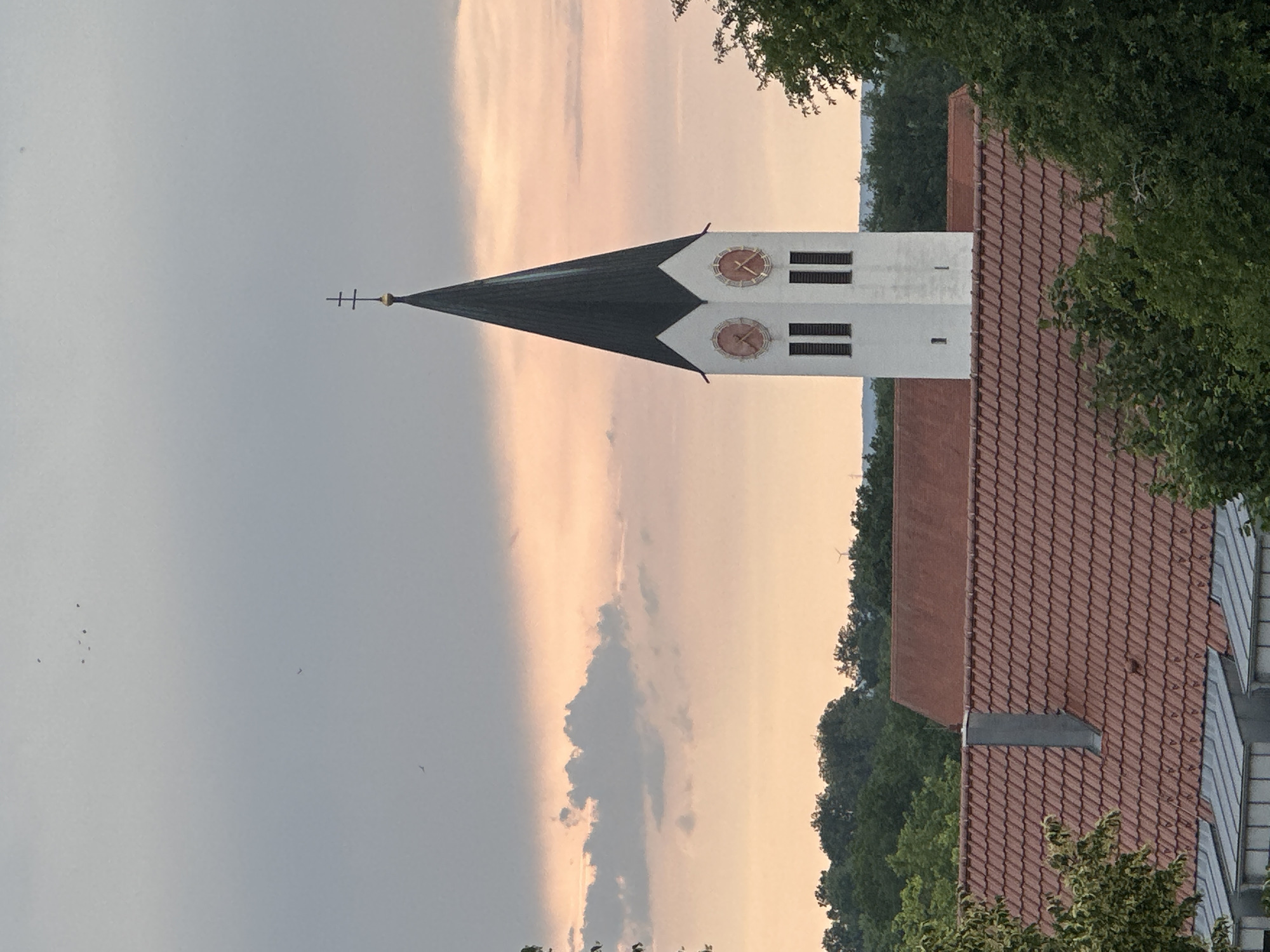 The image shows a church steeple with a black, pointed roof and a white body. Two circular clocks with red faces and black hands are visible on the steeple. A double-barred cross with a gold ball at its center sits atop the steeple. The sky behind the church is filled with soft, peachy-colored clouds, indicative of sunset or sunrise. In the foreground, there is a red-tiled roof of a building, partially obscured by green trees. The environment appears to be a town or village, with a backdrop of lush green trees and a hint of distant hills. Several birds are visible in the sky.