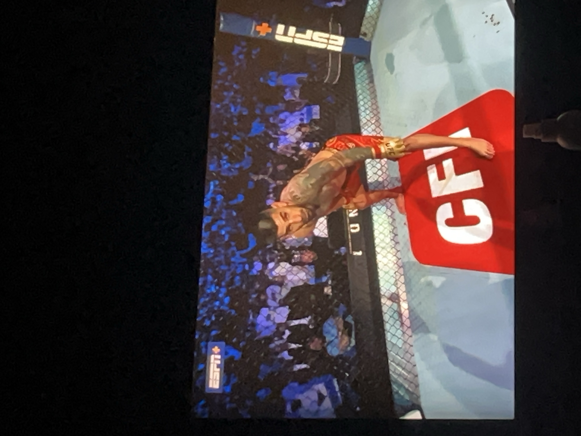 The image shows a UFC fight taking place in an arena, likely in Yerevan, Armenia. The fighter in the foreground is wearing red and gold shorts and has tattoos on his arm and torso. He is standing near the cage, which has a large red "UFC" logo on it. There is a crowd of people watching the fight, and the ESPN+ logo is visible in the upper-left corner of the screen. The image is likely a photograph taken of a television screen.