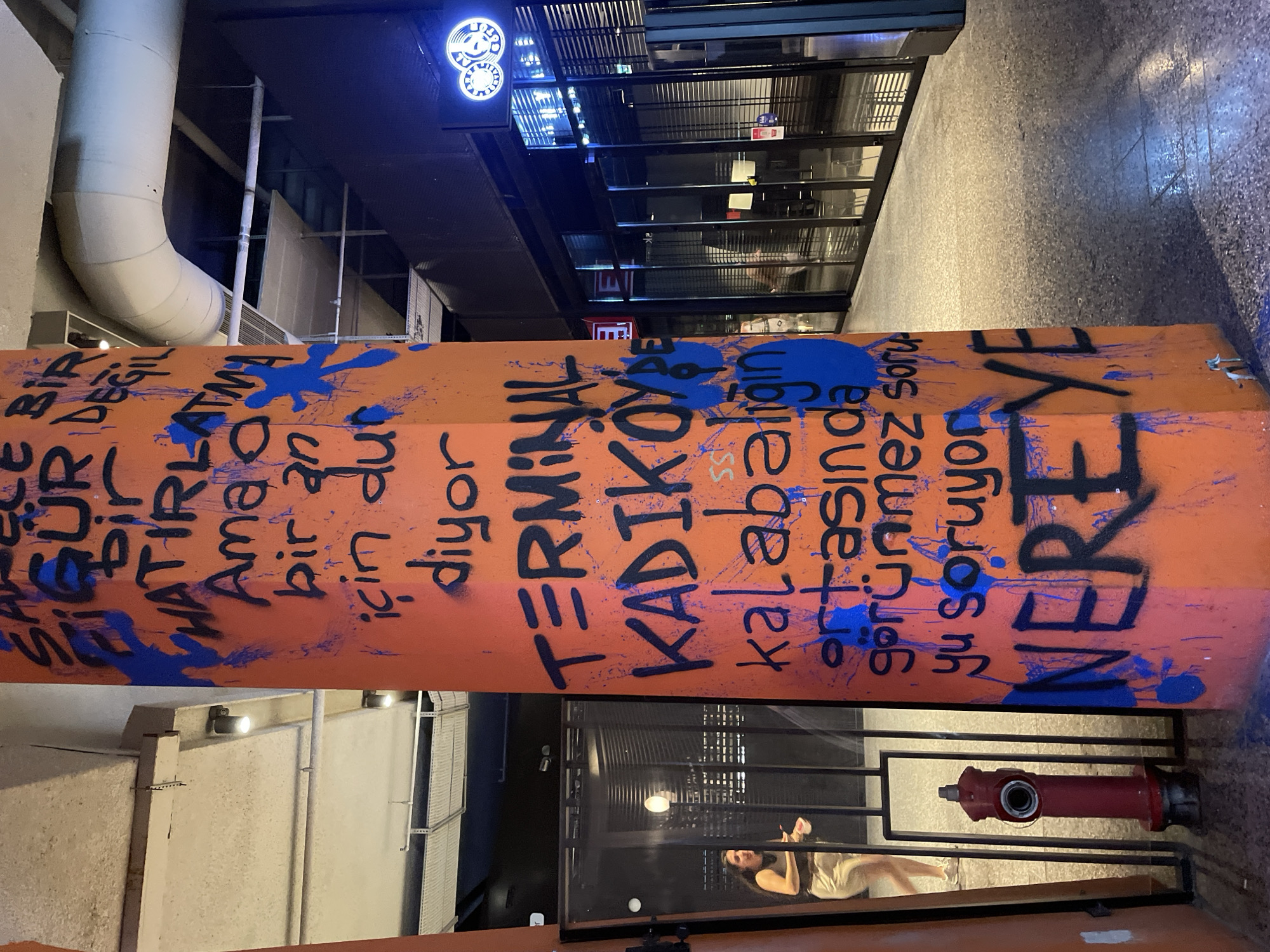 The image shows a large, orange-painted pillar with graffiti in Turkish. The graffiti reads, "SAĞLIK GURURLU BİR HATIRLATMA Ama bir an için dur diyor, TERMINAL KADIKÖY kalabalığın ortasında görünmez soru yu soruyor NEREYE." This translates to "Health is a proud reminder, but stop for a moment, it says. Terminal Kadikoy, in the middle of the crowd, the invisible question is asked, WHERE TO." A red fire hydrant stands next to the pillar. In the background, a woman is visible through a metal gate. The environment appears to be an indoor space, possibly a transit hub or a commercial area, with polished floors and commercial storefronts in the background.