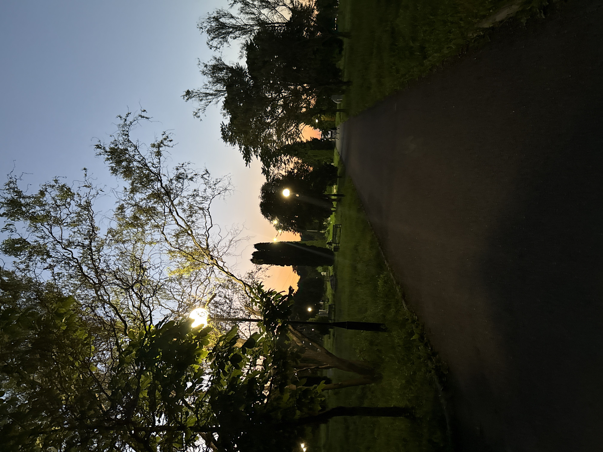 This is a nighttime photograph taken in the city of Endirei, Russia, featuring a park pathway illuminated by lampposts as dusk settles. The scene is dominated by trees, some with dense foliage and others with bare branches, casting shadows on the well-maintained path. Green grass lines the sides of the path, with scattered benches visible in the background. The sky transitions from a pale blue to a warm orange hue near the horizon, indicating the end of daylight. Several individuals are walking along the path in the distance, engaged in leisure activities. The overall atmosphere is tranquil and serene.