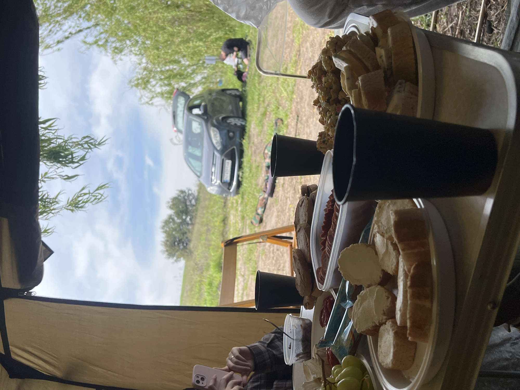 The image shows a picnic setup, seemingly inside a tent or sheltered area, with a view of a grassy landscape and a parked car in the background. Food items like bread, sausage, salad, grapes, and drinks are arranged on a table. A person is visible in the foreground using a pink smartphone. In the background, people and a car are visible near a grassy area. The landscape includes trees and a cloudy sky. The scene is potentially located in Anhelivka, Ukraine.