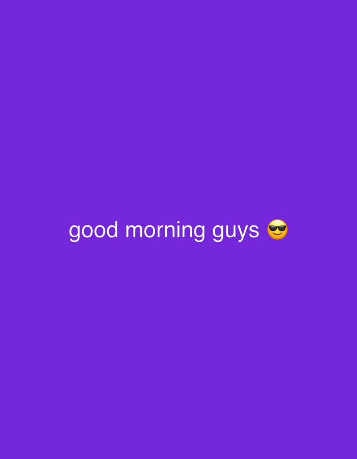 The image displays a digital graphic with a plain, solid purple background. Centered horizontally on the screen, slightly below the vertical midline, is white text that reads "good morning guys". To the right of the text, there is a yellow emoji depicting a smiling face wearing black sunglasses (😎). The overall impression is a simple, cheerful morning greeting, possibly from a social media post or message. There are no other discernible objects, people, or specific location cues.