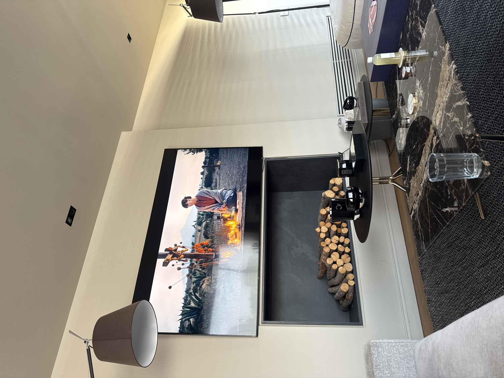 The interior scene shows a living room area with a large television displaying an image of a person by a fire and some agave plants. The TV is mounted on a wall adjacent to a recessed area containing a stack of logs. In the foreground, there's a floor lamp with a brown shade. A black and white patterned rug lies on the floor beside a coffee table with a marble top. The location is Mexico City, Mexico.