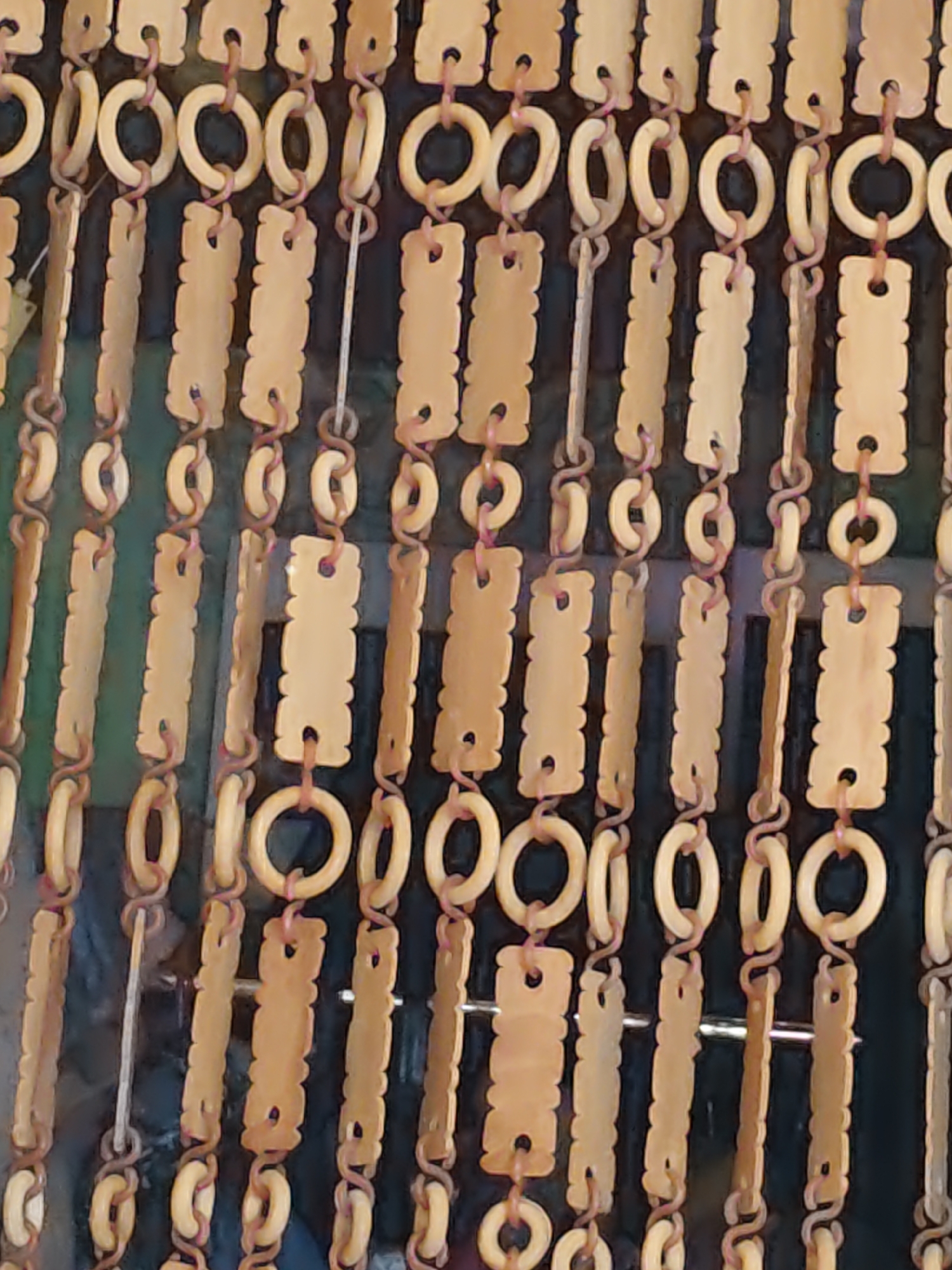 This is a close-up, slightly out-of-focus, eye-level, medium shot of a beaded curtain made of natural wood or bamboo. The curtain is composed of vertical strands of alternating ring-shaped beads and rectangular, carved beads. The rings are roughly circular with a flattened top and bottom, and the rectangular beads have rounded corners and a carved pattern that resembles hieroglyphs or abstract designs, with a hole at the top and bottom for threading. The beads are strung together with thin, reddish-brown string or wire. The background appears to be a dark, slightly reflective surface, possibly glass or a dark wall, indicating this is an indoor scene. The lighting is even, and there are no shadows or highlights that suggest a specific time of day or direction of light. The overall impression is of a decorative element, possibly a room divider or a window covering, with a rustic or bohemian aesthetic. There are no people or any other objects visible in the frame. The image provides no information about its location in Rostov-on-Don, Russia, or any context outside of the beaded curtain itself.