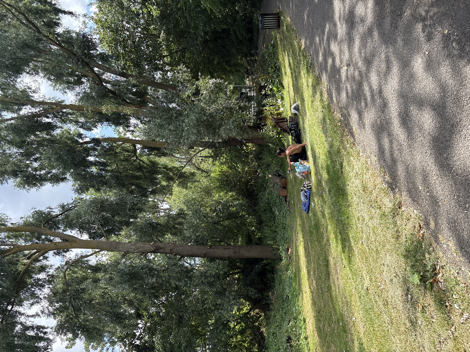 The image depicts a park scene in Chelmsford, United Kingdom, with a focus on a grassy area adjacent to a paved path. In the foreground, the path is visible with dappled sunlight and shadow patterns. The grassy area features a picnic setup with a blue blanket, bags, and a person sitting down, appearing to be relaxing or eating. Behind the picnic area, there are several logs, suggesting a natural or landscaped environment. The background is dominated by lush green trees, indicating a well-wooded park. The overall atmosphere is serene and suggests a typical summer day in a public park.