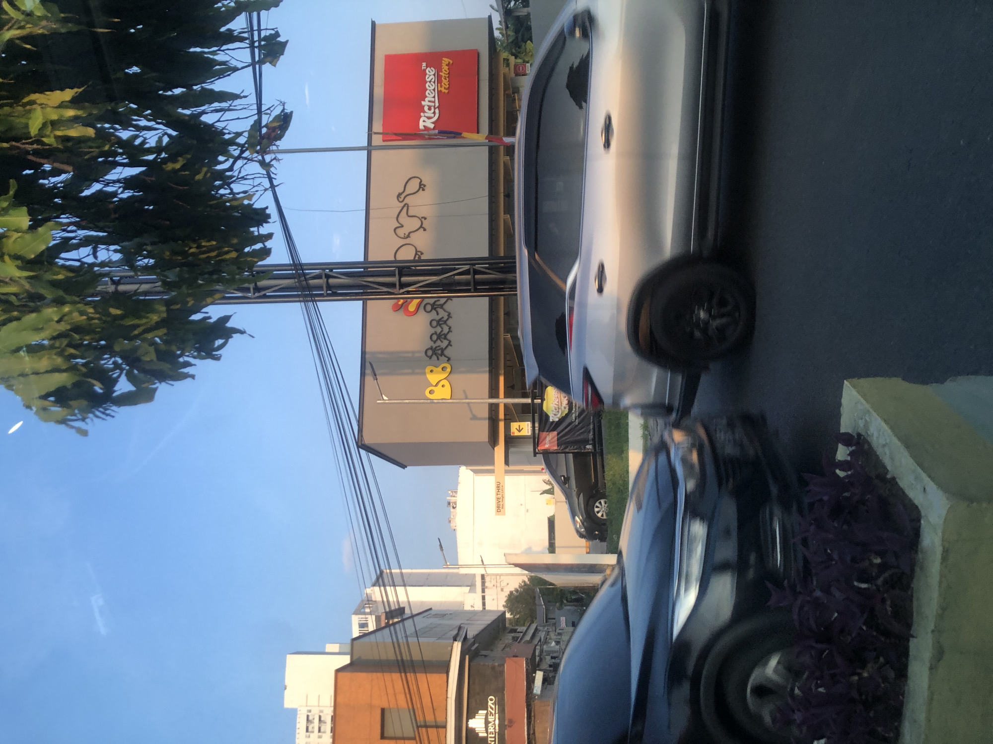 This is a medium shot, eye-level, outdoor photograph taken at a street level in the city of Medan, Indonesia. The photograph captures a street scene with a focus on a fast-food restaurant and vehicular traffic. The sky is a clear, pale blue with some reflections suggesting the photo was taken from inside a vehicle.
In the background, a light gray building stands prominently with a large red sign that reads "Richeese Factory" in white lettering. The building also features cartoon drawings of birds and people above the entrance. Adjacent to this building is a smaller, light gray structure with a yellow sign indicating "DRIVE THRU". Further to the left are other buildings, including a brown and orange structure with the text "INTERMEZZO" visible. Power lines crisscross the scene.
In the foreground, two vehicles are in motion on a paved road. On the left, a black SUV is partially visible, showing its headlights and front tire. On the right, a silver SUV is captured in motion, with its side profile and wheels clearly visible. A planter box with dark purple foliage is situated in the lower left corner of the image, partially obscuring the black vehicle. The lighting suggests it is either early morning or late afternoon, with warm tones reflecting on the vehicles and buildings. The overall impression is of a busy urban environment with commercial activity and traffic.