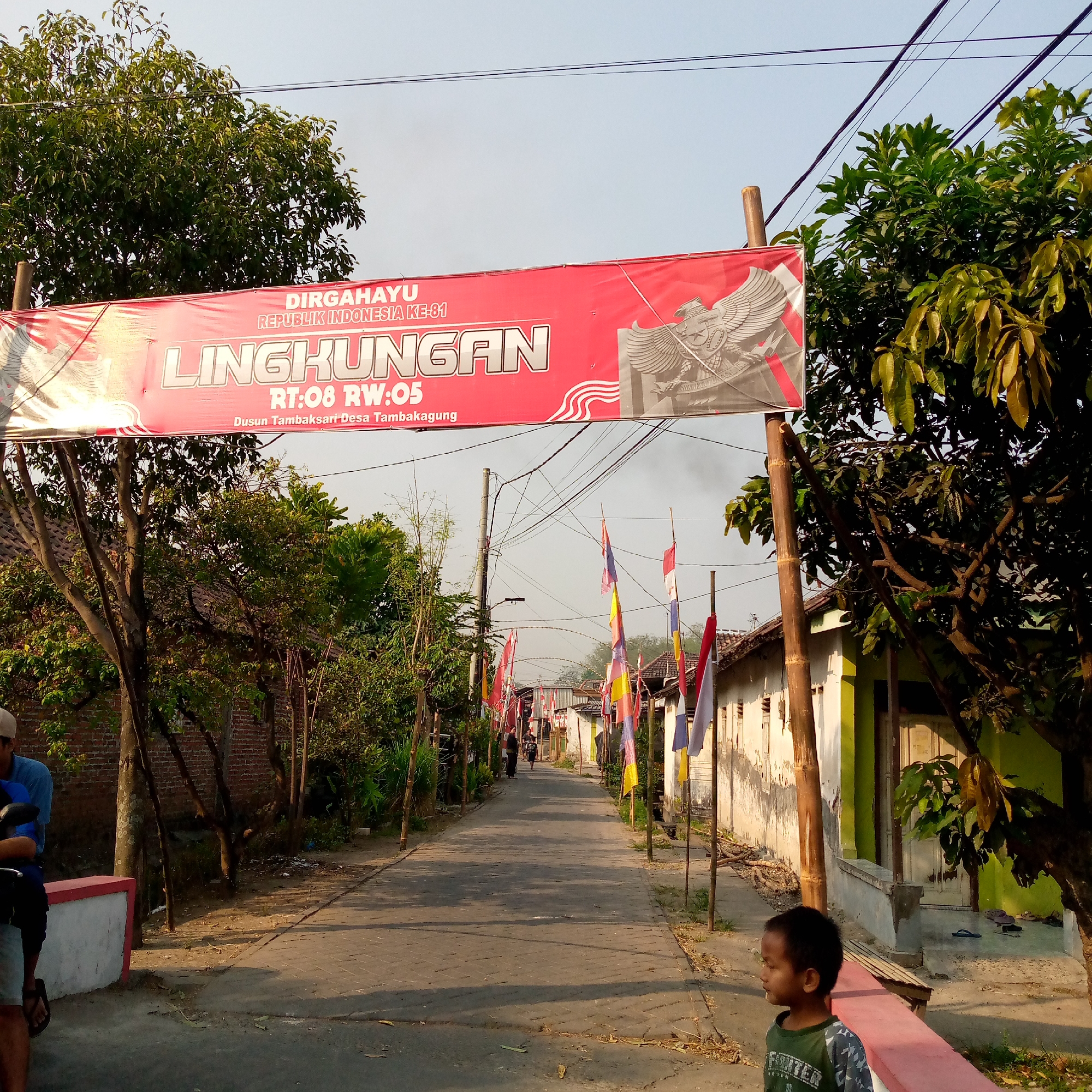 The image depicts a street scene in Tambakagung, Indonesia, likely celebrating a national holiday, indicated by the prominent red and white banner overhead. The banner reads "DIRGAHAYU REPUBLIK INDONESIA KE-81 LINGKUNGAN RT:08 RW:05 Dusun Tambaksari Desa Tambakagung." This translates to "Happy 81st Anniversary of the Republic of Indonesia, Environment RT:08 RW:05, Tambaksari Hamlet, Tambakagung Village."
The street is paved with interlocking bricks and lined with trees and houses. Numerous small Indonesian flags (red and white) are displayed on poles along both sides of the street, adding to the festive atmosphere. The houses appear to be simple, residential structures.
In the foreground on the right, a young boy is standing and looking to the left, wearing a green and gray patterned t-shirt. He is positioned near a red-trimmed wall. On the left side of the foreground, a person is partially visible, sitting on a motorcycle. Further down the street, several individuals are walking, suggesting ongoing activity and community engagement. The lighting suggests it is either early morning or late afternoon, with the sun casting long shadows.