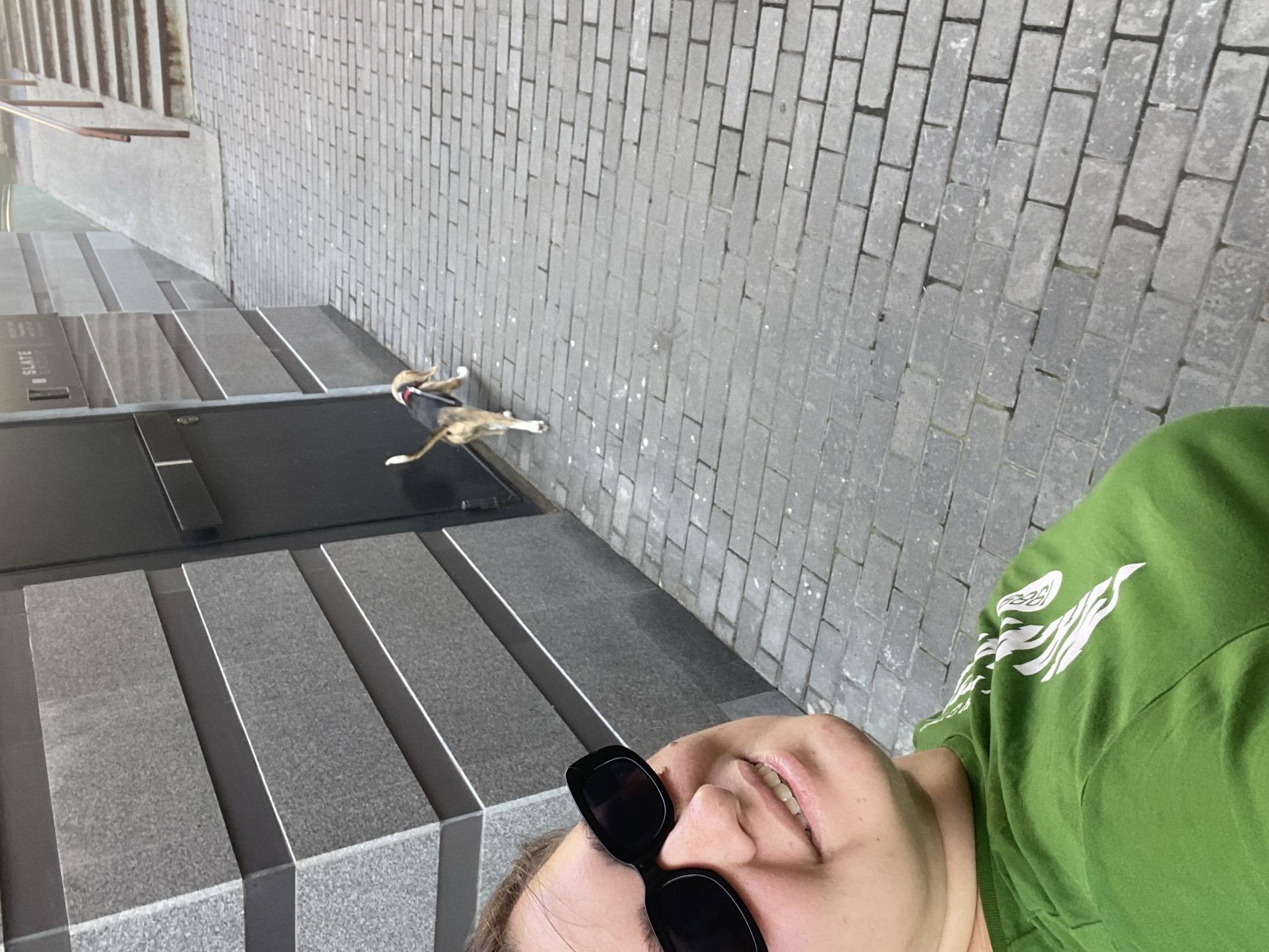 A woman wearing sunglasses and a green t-shirt with a white graphic print is taking a selfie outdoors. She is smiling at the camera. To her right, a beagle dog on a leash is walking away from the camera, heading towards a ramp and stairs. The scene appears to be a public walkway with brick paving, bordered by a building with a dark facade and grey horizontal paneling. A sign reading "SLATE" is visible on the building. The setting suggests an urban environment, potentially in a modern architectural area. The location is identified as the city of Perm, Russia.