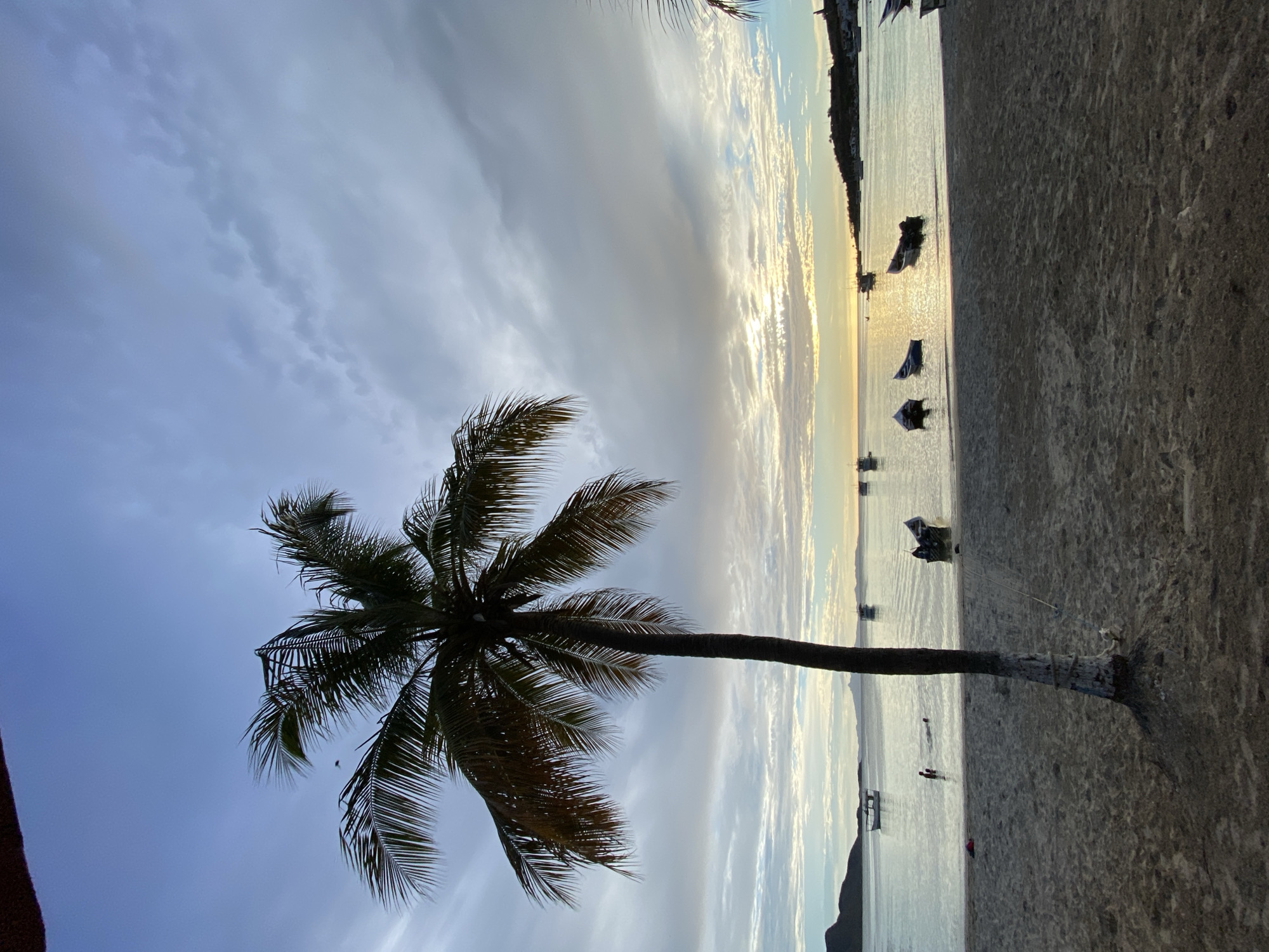 This is a serene, eye-level, full shot of a tropical beach at dusk, likely in Juan Griego, Venezuela. A lone palm tree dominates the foreground, its fronds silhouetted against a cloudy, pastel sky. The ocean is calm, reflecting the soft hues of the setting sun. Several small boats are moored in the water, some closer to shore, others further out. A couple of people are visible in the water, wading near the shoreline. The beach itself is sandy and appears to be sparsely populated. In the distance, hills or mountains form a dark silhouette against the horizon, and the lights of a settlement can be seen on one of the hills. The overall atmosphere is peaceful and tranquil, capturing the quiet beauty of a tropical evening.