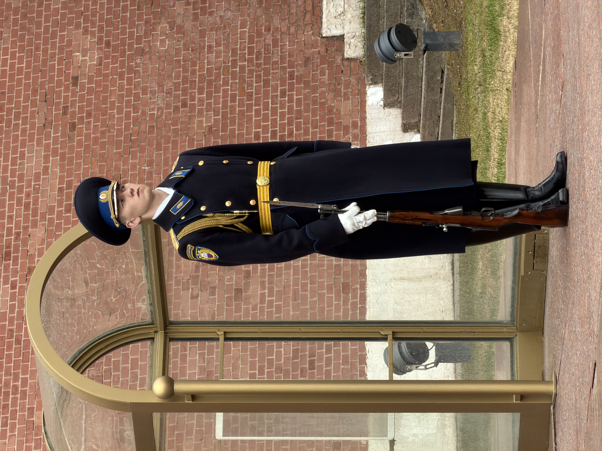 The image depicts a solemn scene at the Kremlin Wall in Moscow, Russia. A single, impeccably dressed soldier stands guard in the Tomb of the Unknown Soldier. He is wearing a dark blue, almost black, long overcoat with gold embellishments and yellow belt, complemented by tall black leather boots. He wears a dark blue hat with gold trim. His rifle is held with white-gloved hands. He is encased in a golden glass case. The backdrop features the brick wall of the Kremlin. The soldier is standing on a brown tiled surface. Adjacent to him, steps lead up to a grassy area. A black, cylindrical outdoor light fixture is mounted to the wall.
