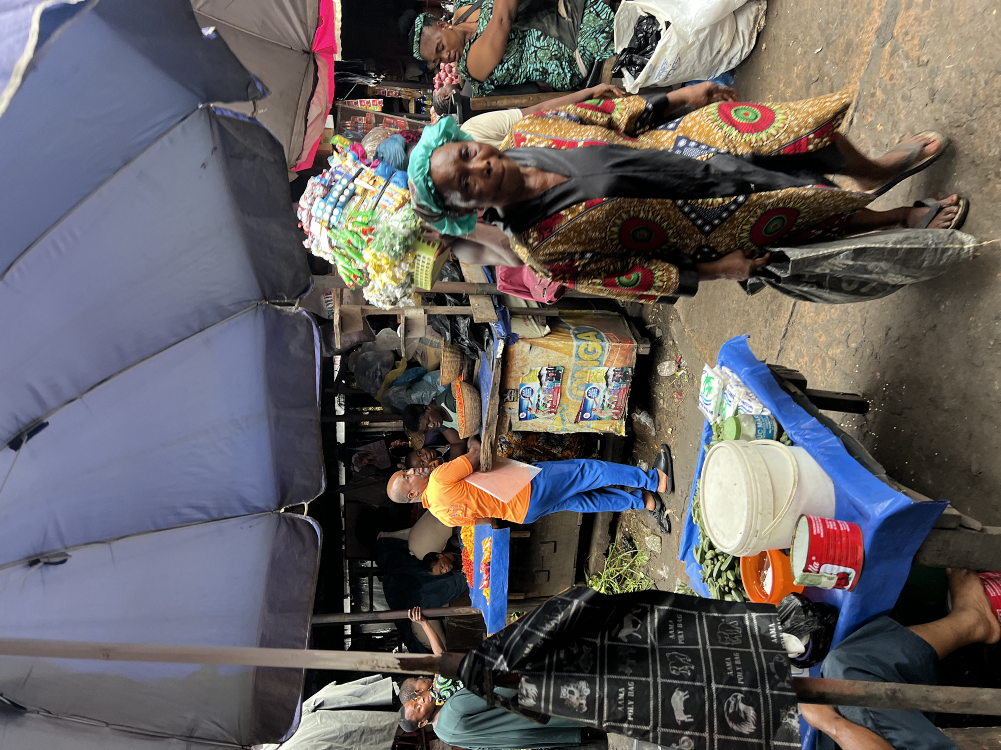 The image depicts a bustling marketplace in Nkpor, Nigeria, under a large blue tarp. In the foreground, an elderly woman wearing a colorful patterned wrap dress and a turquoise headscarf walks towards the camera, carrying a large black plastic bag in her left hand. To her right, another woman with a green patterned headscarf and dress is partially visible, sitting behind a display of goods.
Behind the woman in the foreground, a man in an orange t-shirt and blue trousers stands facing a stall. He appears to be interacting with a vendor behind a table covered with a blue tarp, which displays various produce, including bell peppers of different colors, okra, and white buckets. A large stack of packaged goods, possibly snacks or toiletries, is being carried on the head of an unseen person in the middle ground.
To the left of the frame, a person in a dark green garment is visible, standing with their back to the camera. A black fabric with white imprints of animals and text ("AAMA POLY BAG") hangs prominently in the left foreground, obscuring part of the scene. The ground appears to be dirt and debris, indicative of an outdoor market environment. In the background, more stalls and people are visible, contributing to the lively atmosphere of the market. The overall impression is one of active commerce and daily life in a Nigerian marketplace.