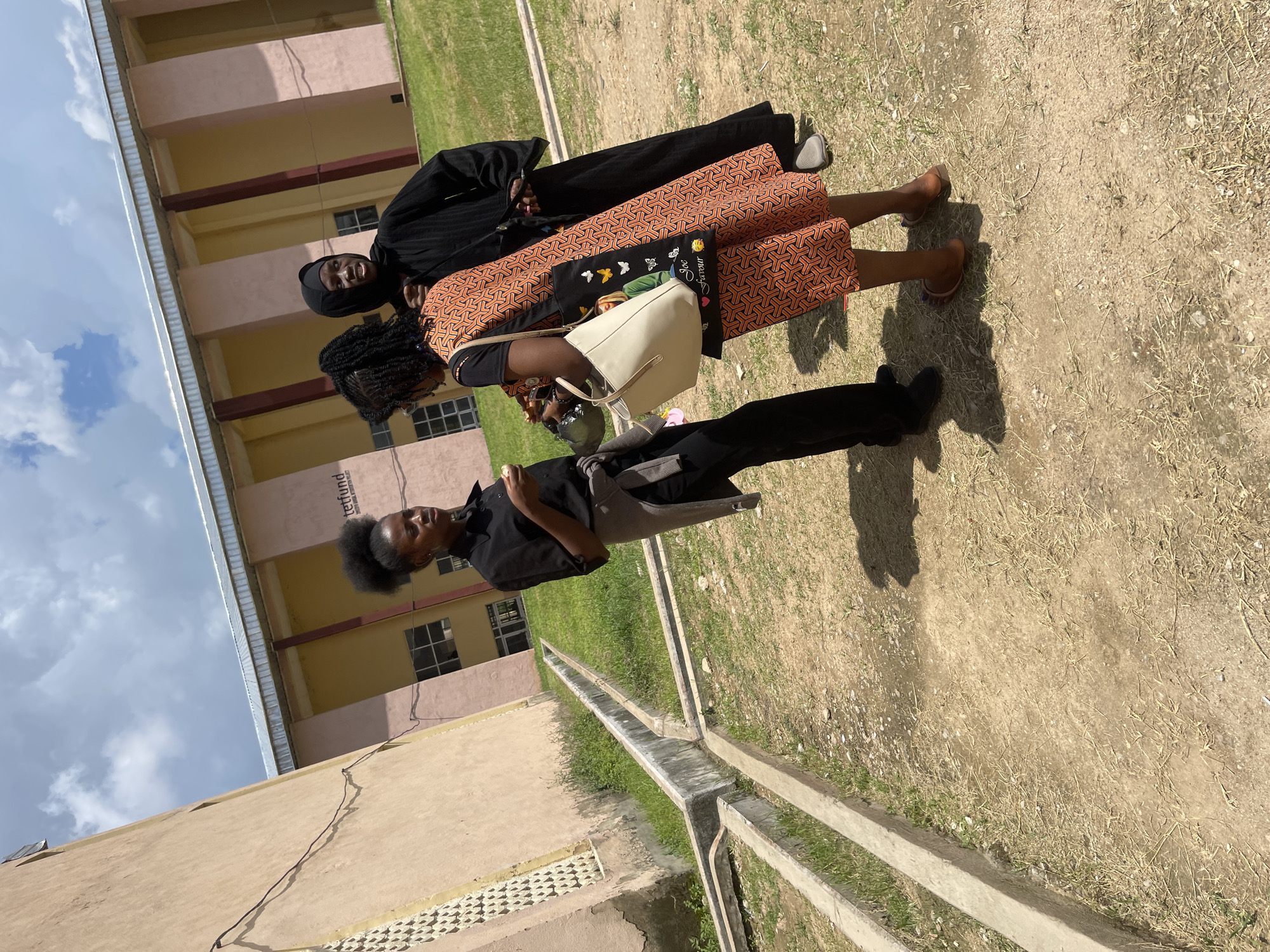 Three individuals are standing in an outdoor area with dry, patchy grass and dirt. In the background, a building with a light pink and yellow facade is visible, featuring repeating vertical columns and windows. A portion of a lighter colored, taller building is to the left of the frame.
The person on the left, a young woman with her hair in a high afro, is wearing a black collared shirt and black pants. A gray sweater is draped around her shoulders. She is holding a light-colored object in her right hand.
The person in the middle, a young woman, is wearing a vibrantly patterned orange and black dress with a geometric design. She is carrying a large, light-colored tote bag with images of butterflies and a person's face, along with text that appears to read "Joe Favour." She is looking towards the person on the right.
The person on the right is wearing a black hijab and a loose-fitting black garment. They are looking towards the person in the middle.
A concrete drainage channel runs through the foreground of the image. The sky above is partly cloudy with visible blue sky. The overall scene suggests a casual gathering outdoors, likely on a campus or public area. The text on the building in the background may indicate the location as the Tertiary Education Trust Fund (TETFund) in Jos, Nigeria, a federal agency that provides funding for tertiary education in the country.