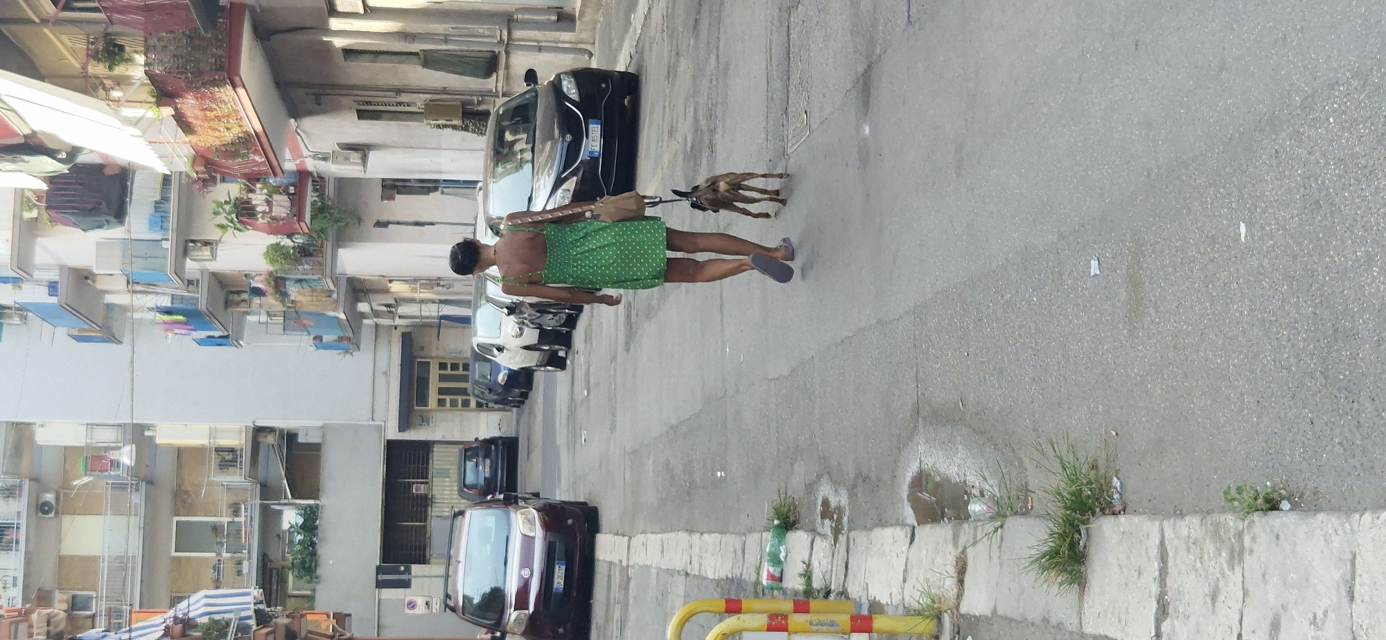 The image depicts a street scene in Taranto, Italy, showing a woman walking a dog. The woman, seen from behind, is wearing a short, green, polka-dotted dress with thin straps and light-colored flip-flops. She is carrying a light-colored shoulder bag and holding a leash attached to a small, brown dog walking beside her. They are on a paved street lined with parked cars. The buildings on either side of the street are typical multi-story residential buildings with balconies, some adorned with plants and laundry. The street appears somewhat cluttered with a few discarded items, including a plastic bottle and debris on the sidewalk. The overall impression is of a residential street in an urban environment.