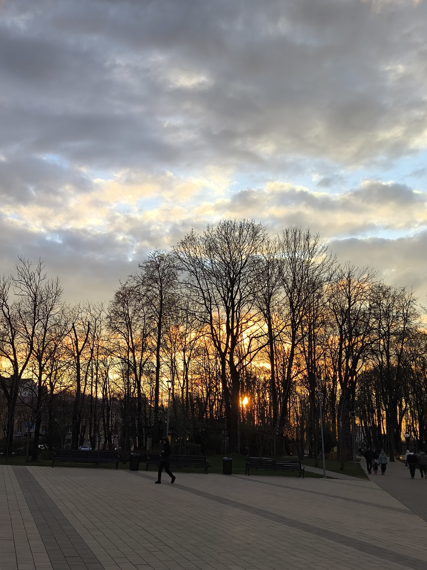 The image shows a park at sunset in the city of Smolensk, Russia. The sky is filled with clouds with hints of orange and yellow light. A row of leafless trees stands in the middle ground, with the setting sun partially obscured behind them. In the foreground, a paved walkway extends into the scene, with benches on either side. A person is walking along the path. A few people are walking along the sidewalk on the right side of the frame.