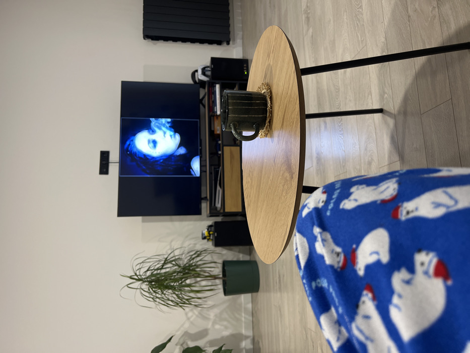A living room scene shows a TV displaying a face with blue lighting. A round wooden coffee table with a mug on a coaster sits nearby. A green potted plant rests on the floor next to a TV stand. The room has light-colored wood floors and is decorated in neutral tones. Part of a person wearing blue polar bear pajamas is visible in the foreground. A black radiator is mounted high up on the wall.