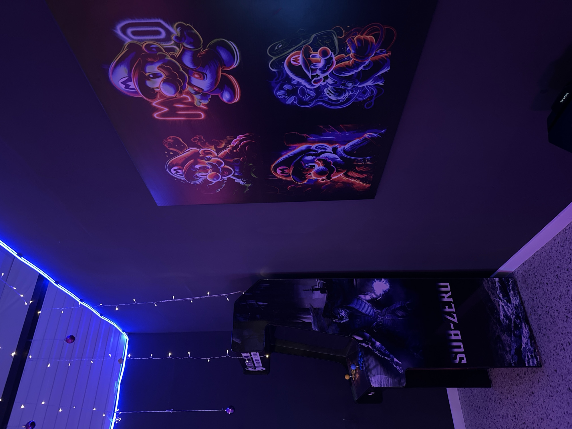 The image shows a room with a poster featuring depictions of Mario on the ceiling. The room also contains an arcade machine with "SUB-ZERO" prominently displayed, and the walls are decorated with blue LED lighting and string lights. The location is Unknown, Unknown.