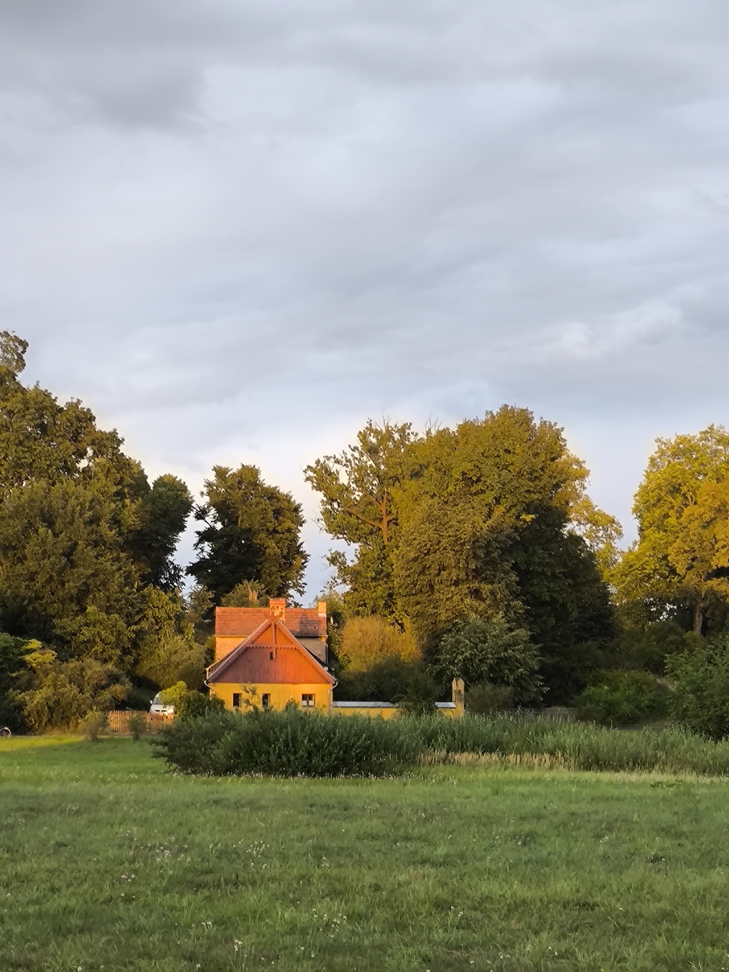 The image depicts a pastoral scene with a yellow house nestled amongst lush green trees. The house has a red tiled roof and several windows. A low wooden fence is visible behind the house, and a white vehicle is parked near it. The foreground is a wide expanse of green grass with scattered small white flowers. The sky is overcast with dramatic clouds, suggesting either dawn or dusk, with warm light illuminating the trees and parts of the house. The overall atmosphere is tranquil and rural. This specific scene is located in Potsdam, Germany, specifically on the island of Hermannswerder, known for its tranquil, green environment and scenic views along the Havel river.