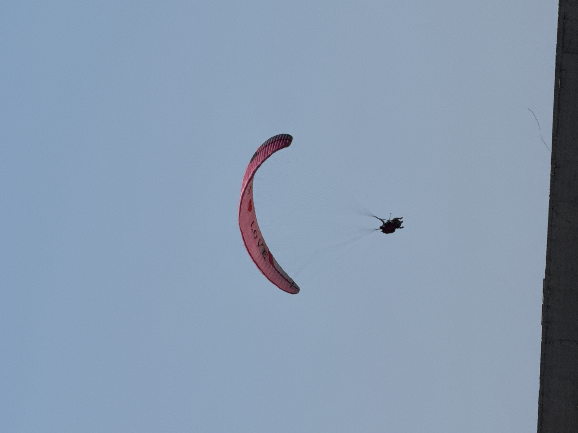 The image shows a person paragliding against a clear, pale blue sky. The paraglider is bright pink and has the word "LOVE" written vertically in red letters. A person is visible suspended beneath the paraglider, wearing dark clothing. The paraglider is positioned on the left side of the frame, with the person and their equipment to the right of it, suggesting movement in that direction. On the far right edge of the image, a dark, textured vertical structure is visible, likely a building or a wall, which may indicate an urban or constructed environment. The lighting suggests it is daytime, possibly late afternoon or early morning due to the soft light. The scene evokes a sense of freedom and adventure, with the vast sky as the backdrop. No specific weather conditions are evident, other than the clear sky.
